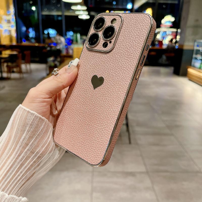 Luxury Solid Color Leather Plating Border Love Logo Phone Case For iPhone 16 Pro Max 14 11 12 13 15 Pro Max Bumper Back Cover