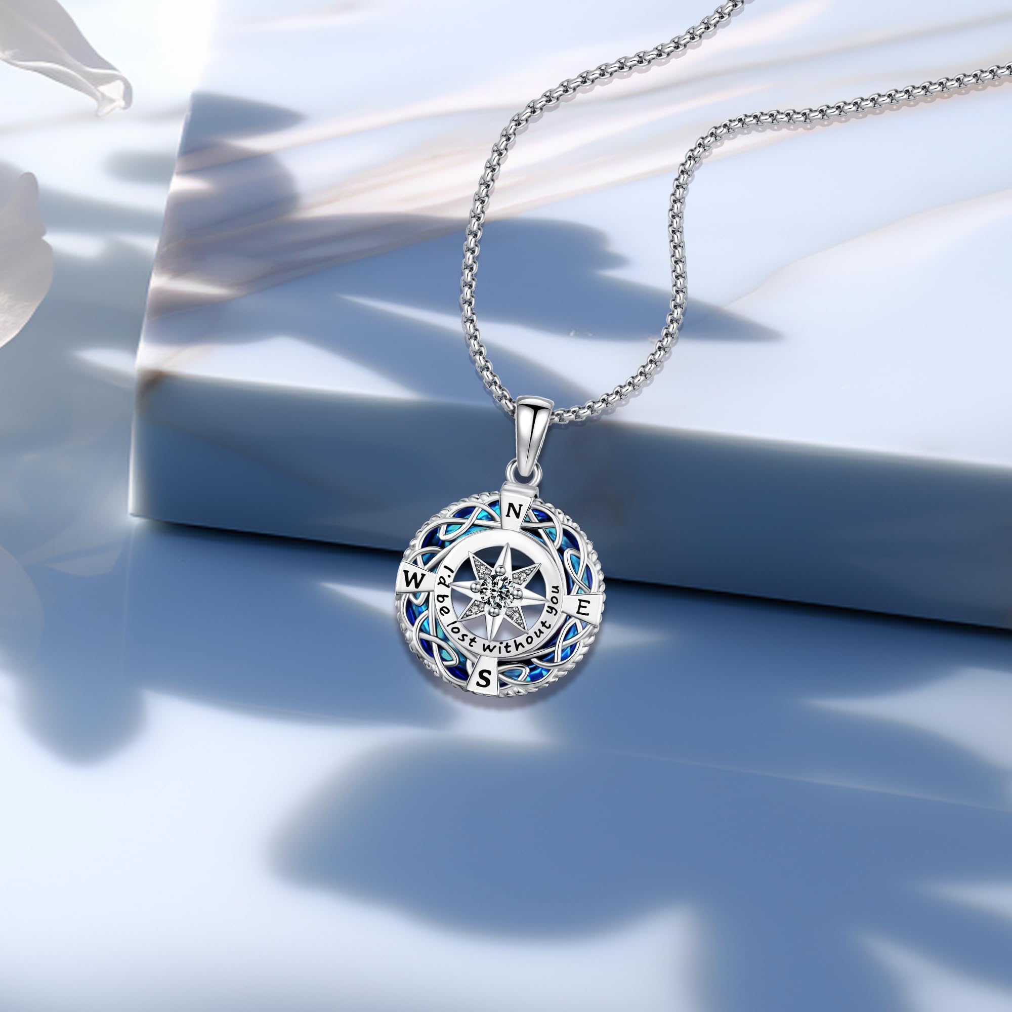 DRINSPER S925 Vegvísir Necklace Viking Compass Necklace 925 Sterling Silver Pendant Crystal inlayed Viking Jewelry for Pagan for Auspicious for Men Women