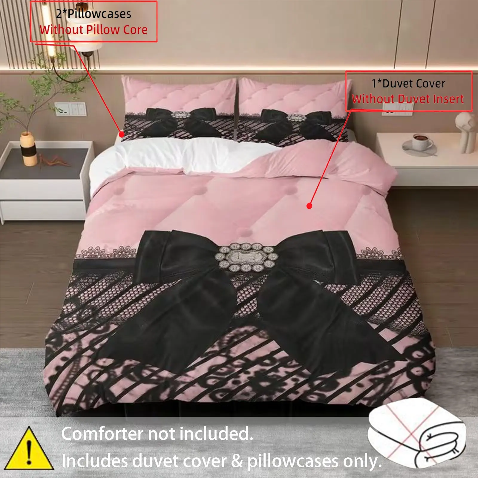 3-piece bedding set, 1 duvet cover + 2 pillowcases (filling not included), polyester material with bow motif, Valentine's Day bedding set, Decorative Bedding Set, luxurious design, suitable for decorating bedrooms, hotels, wedding rooms, and guest rooms.