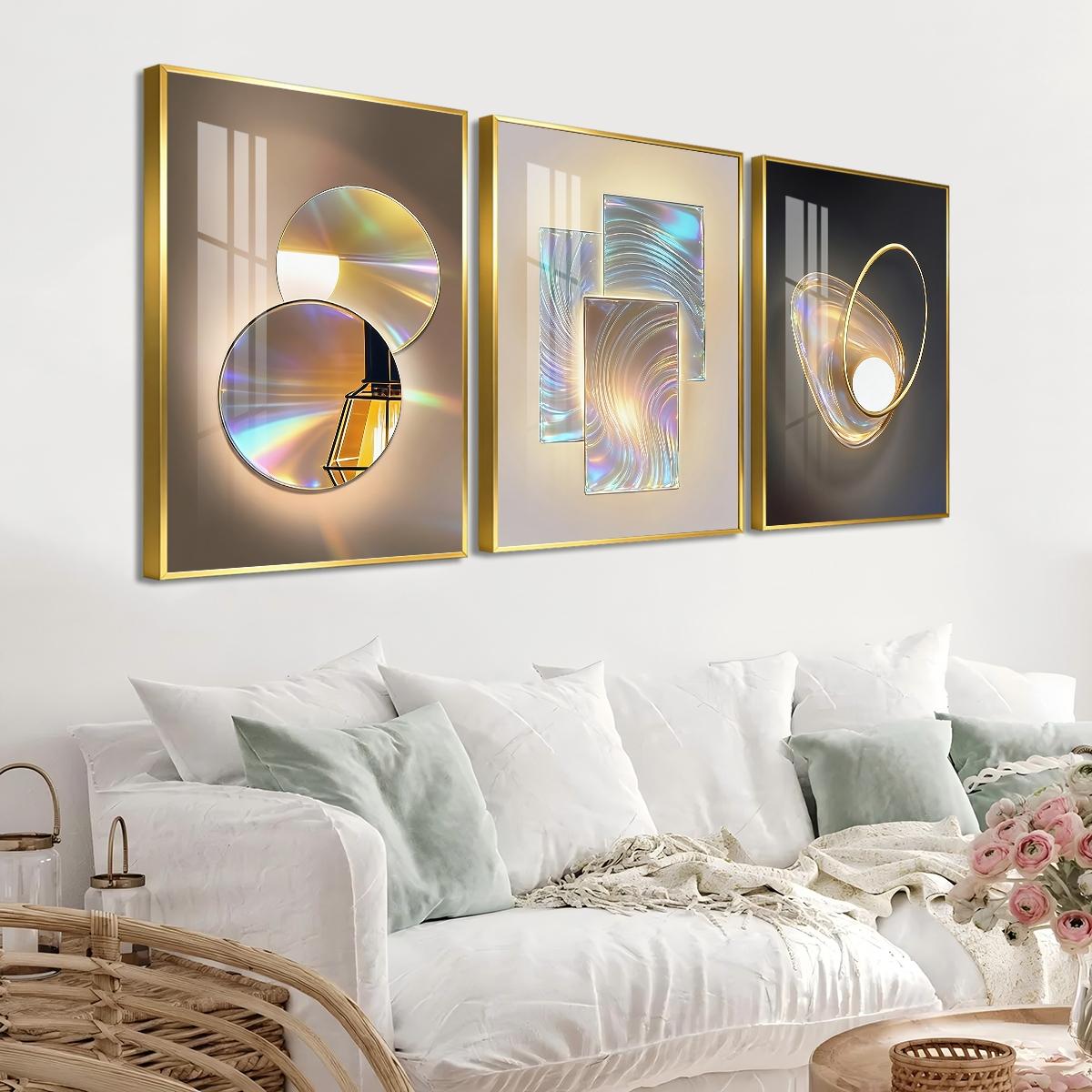 3 Counts Aluminum Alloy Framed Painting, Gradient Iridescent Abstract Light Art Pictures, Home Decoration For Living Room, Bedroom, Office, Restaurant, Hallway Wall Decor, Odorless Print Artwork, Luxury Perfect Gift For Friends And Family