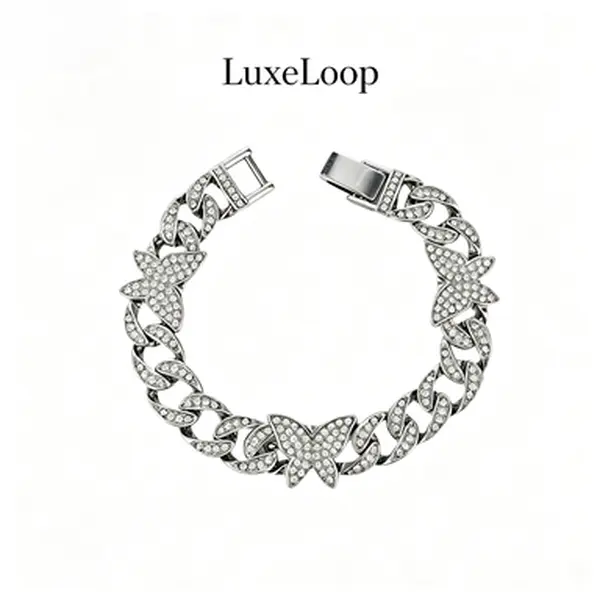 LuxeLoop Unisex Bust Down Iced Butterfly Charm Cuban Link Necklace Full Paved Clear Glass Crystal Gold Silver Tone Stackable Y2K Coquette Aesthetic Hip Hop Drip Rapper Celebrity Style Daily Club Birthday Valentine Gift for Men Women Him Her
