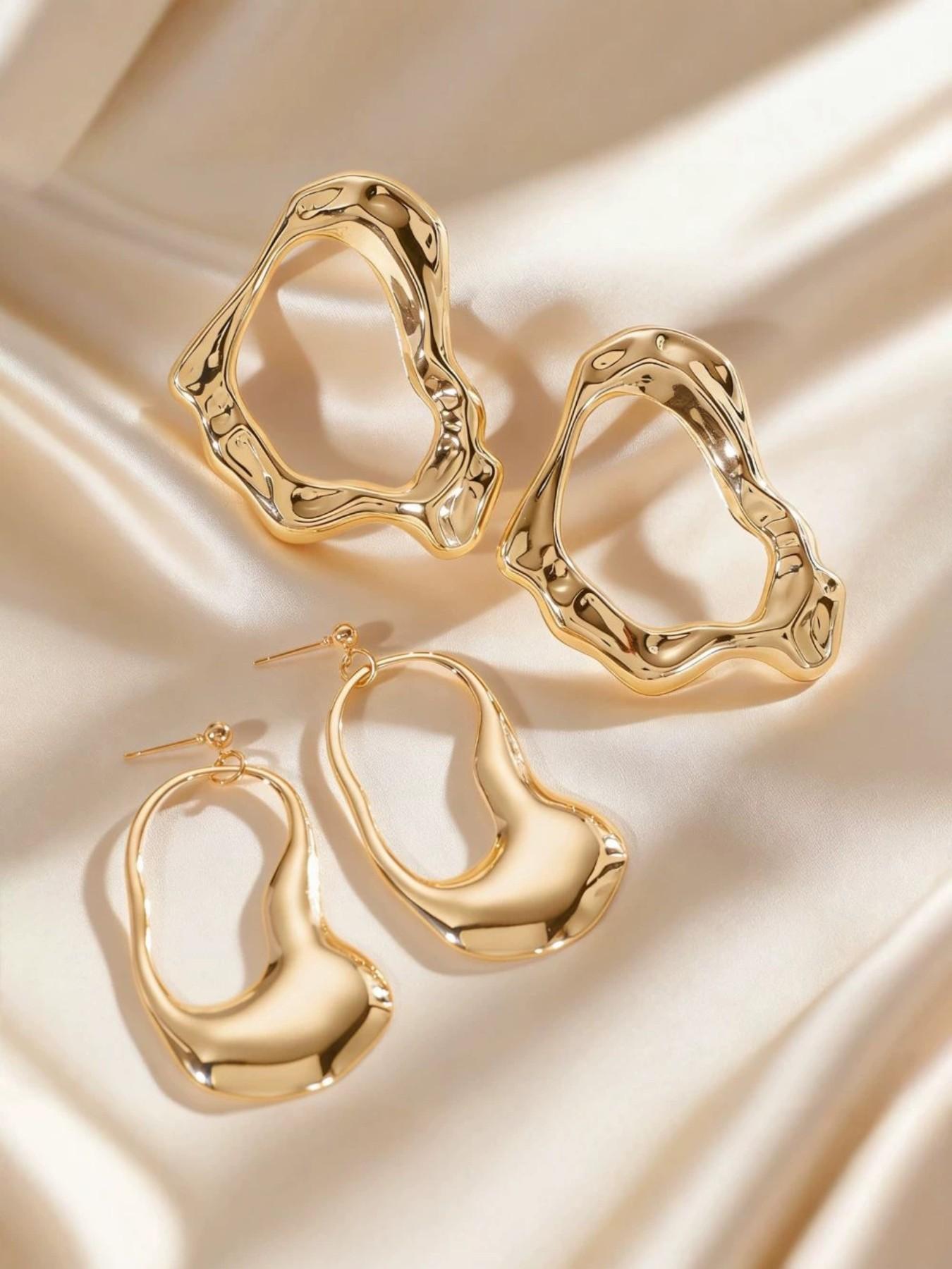 Irregular Metal Lava Earrings Necklace, Vintage Bold Style, 18k Gold Plated, Geometric Design, Fashion Blogger Accessory, Beach Vacation Jewelry