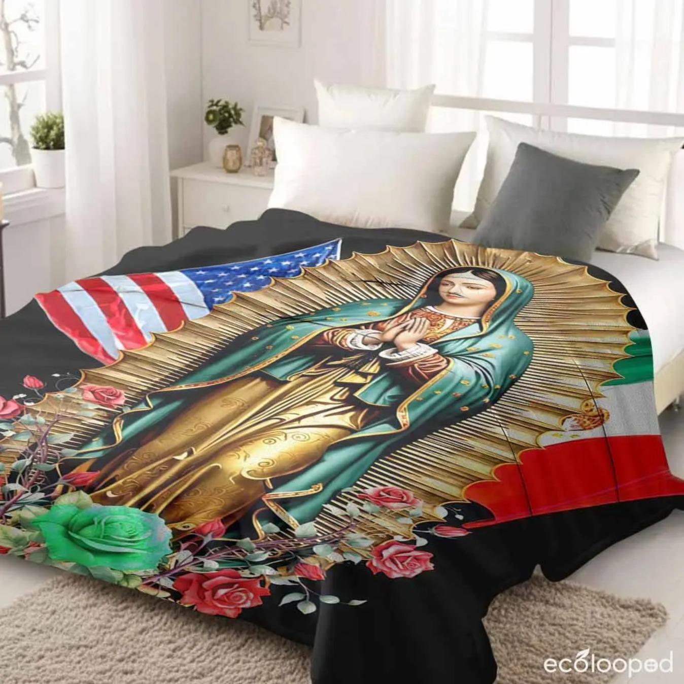 Virgin Mary flannel blanket with USA and Mexico flag floral print  soft warm lightweight  perfect for home decor  church gatherings  holiday celebrations  prayer room  and gifting to loved ones
