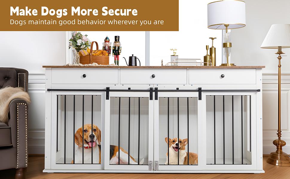 Sunseen Dog Crate Furniture Large Breed Wooden Dog Kennel with Room Divider, 3 Drawers, Double Doors, 72''W x 24''D x 35''H, White