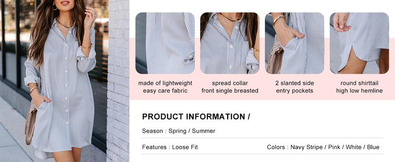 Chouyatou Women's Casual Loose Fit Long sleeve Solid Striped Button Down Shirts Dresses Chouyatou Women's Casual Loose Fit Long sleeve Solid Striped Button Down Shirts Dresses