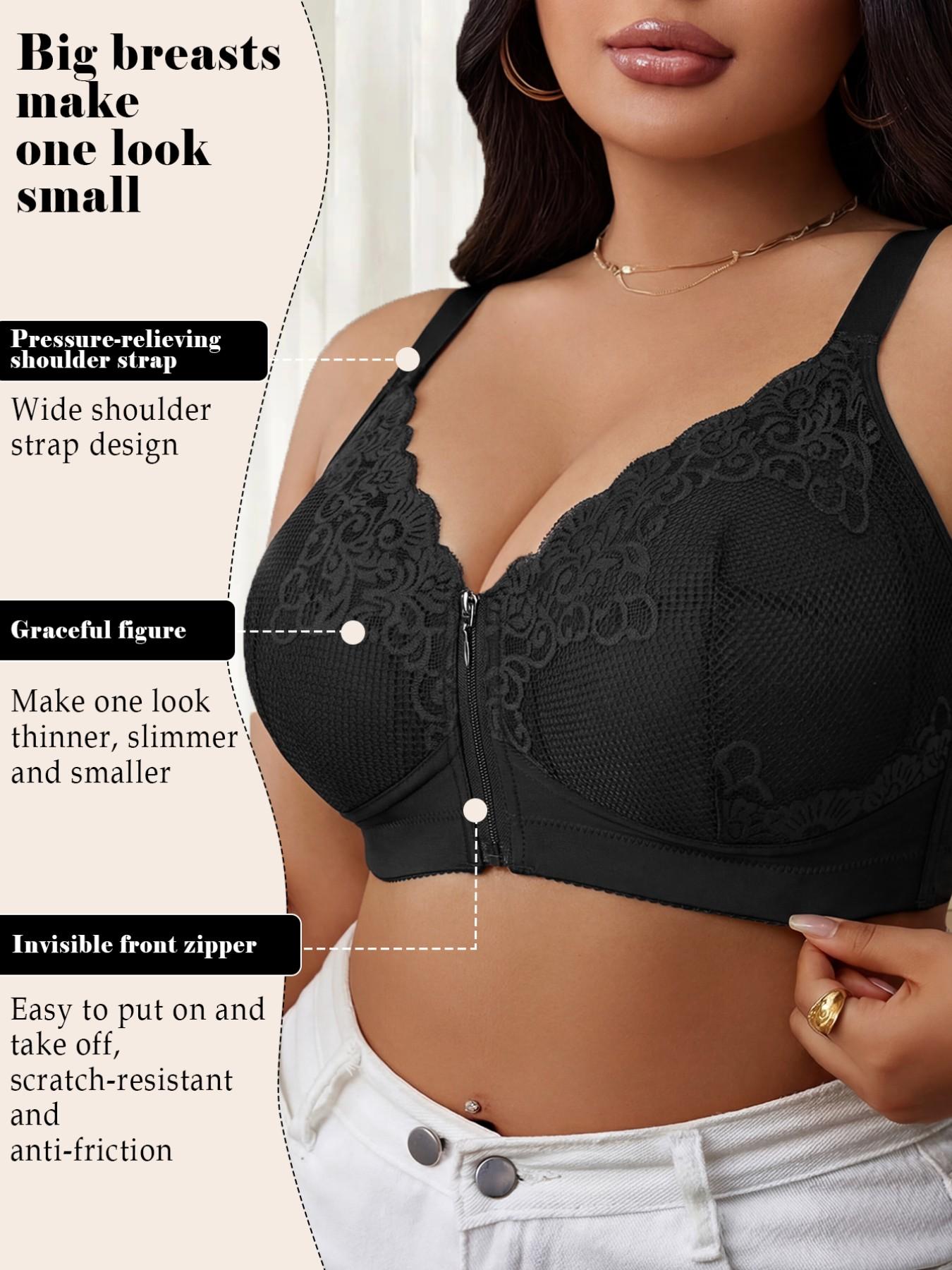 Women's Plus Size Front-Zip Wireless Push-Up Bra - Hidden Zipper, Floral, Elegant, Feminine, Chic, Wide Adjustable Straps, Comfort Breathable, Slim Shaping Silhouette | Valentine's Day Gift, Bridal & Everyday Wear
