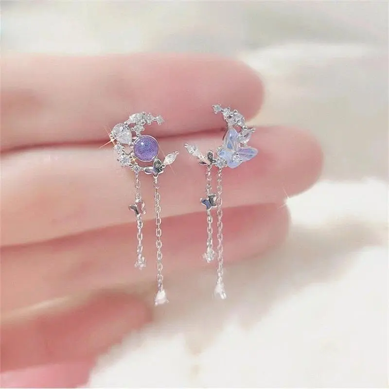 Fairy Tassel Earrings for Women, Asymmetrical Whimsical Design with Purple Crystal Butterfly and Moon Charm, Dangling Earrings, Fairy Aesthetic, Whimsical Earrings