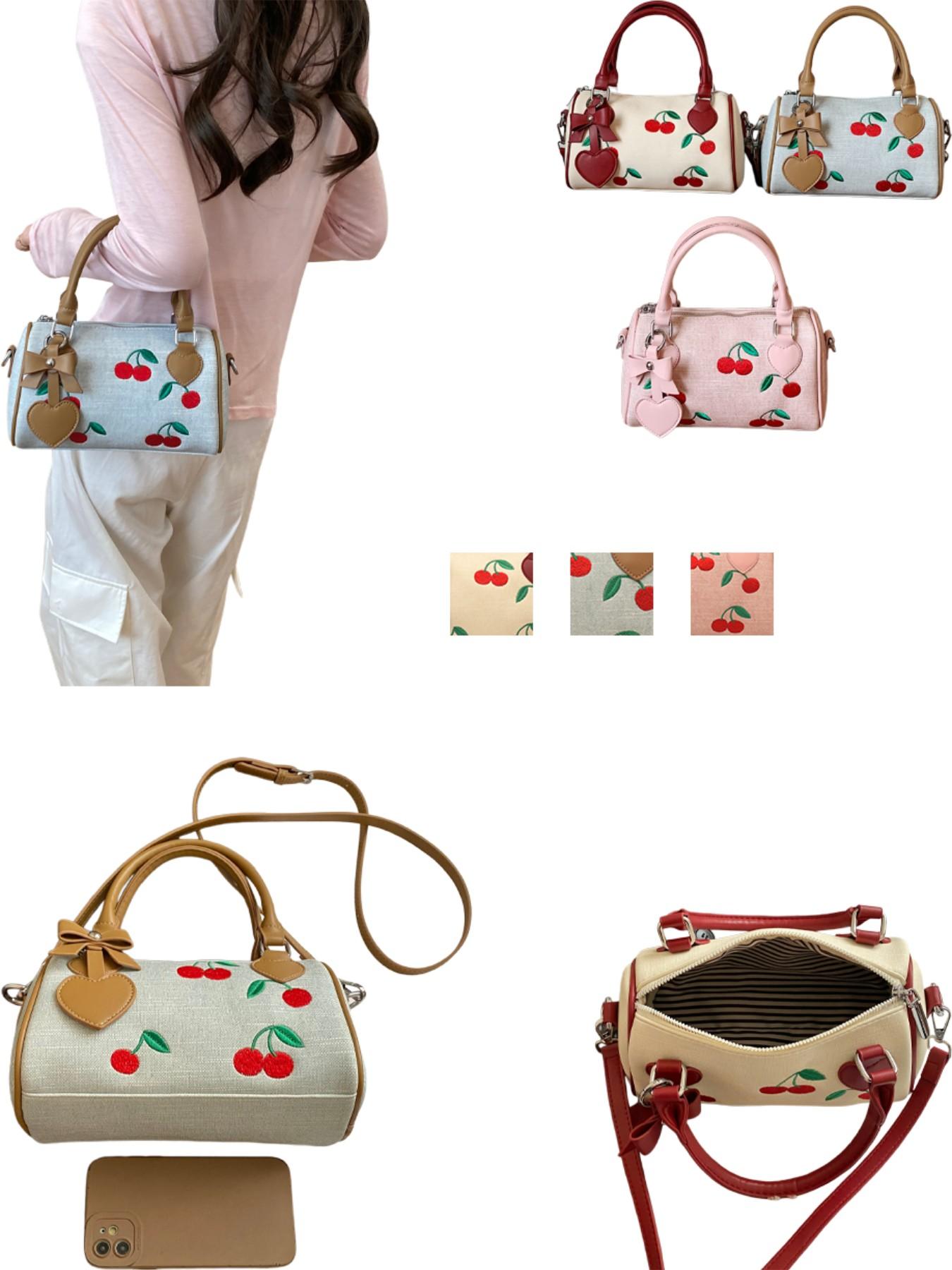 Sweet Cherry Boston Bag for Women, 2026 New Handbag, Cute Pillow Bag, Fashion Commute, Heart Charm, Full Cherry Print, PU Material