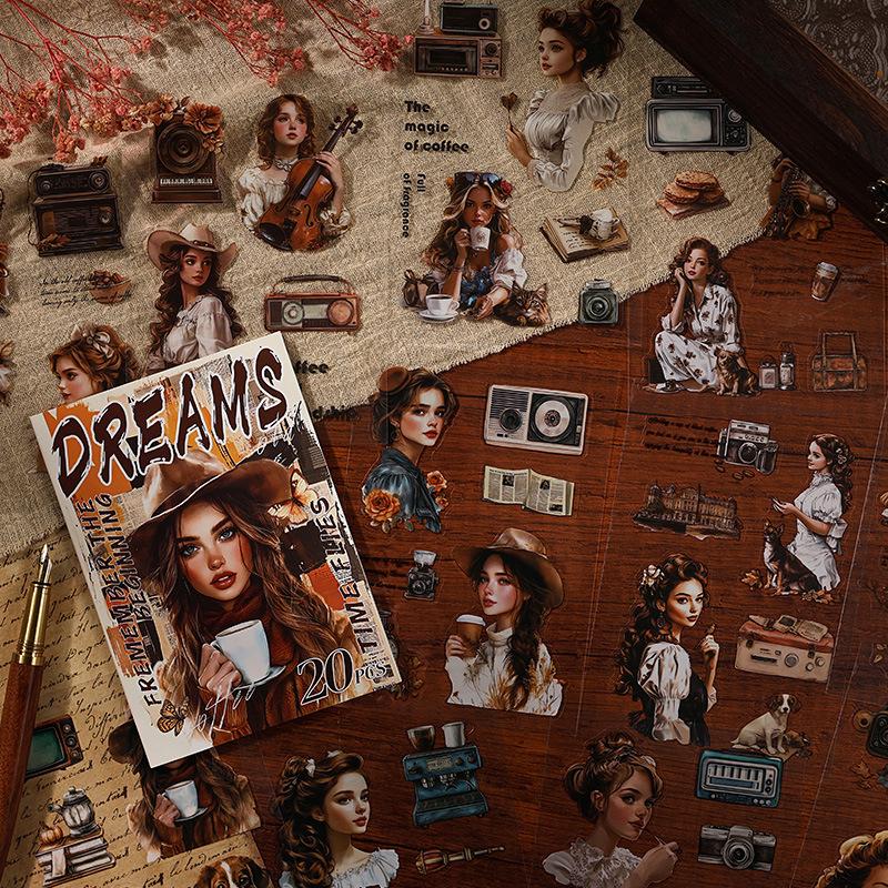 Vintage Girl Pattern Sticker Book, 20 Sheets/book Scrapbooking & Journal Making Material Paper, DIY Decorative Sticker Book for Gift Wrapping, Diary Sticker