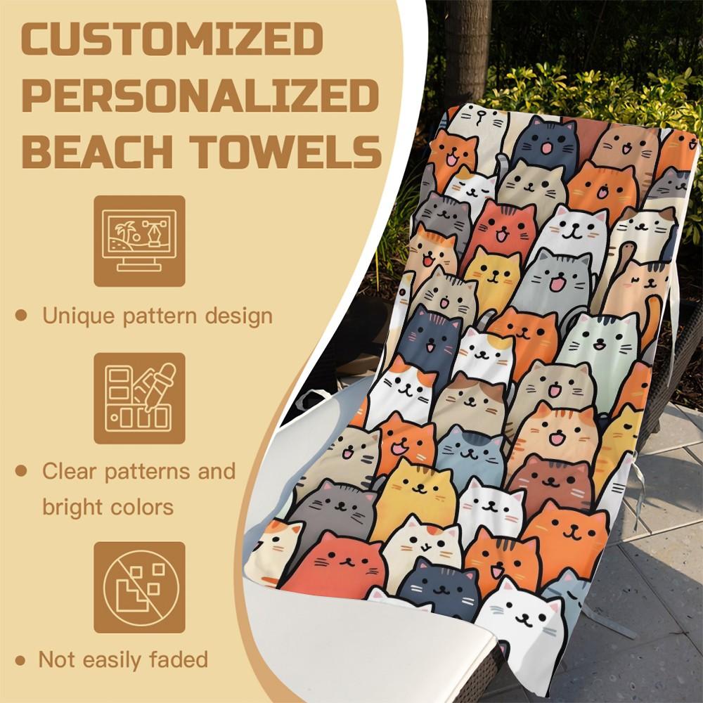 Cute Cartoon Cat Beach Towel, Trendy and Cool Print Design, Lightweight and Quick-Drying Towel, Suitable for Teens, Adults, and Children for Poolside, Vacation, Travel, and Outdoor Summer Use. Lightweight and Quick-Drying