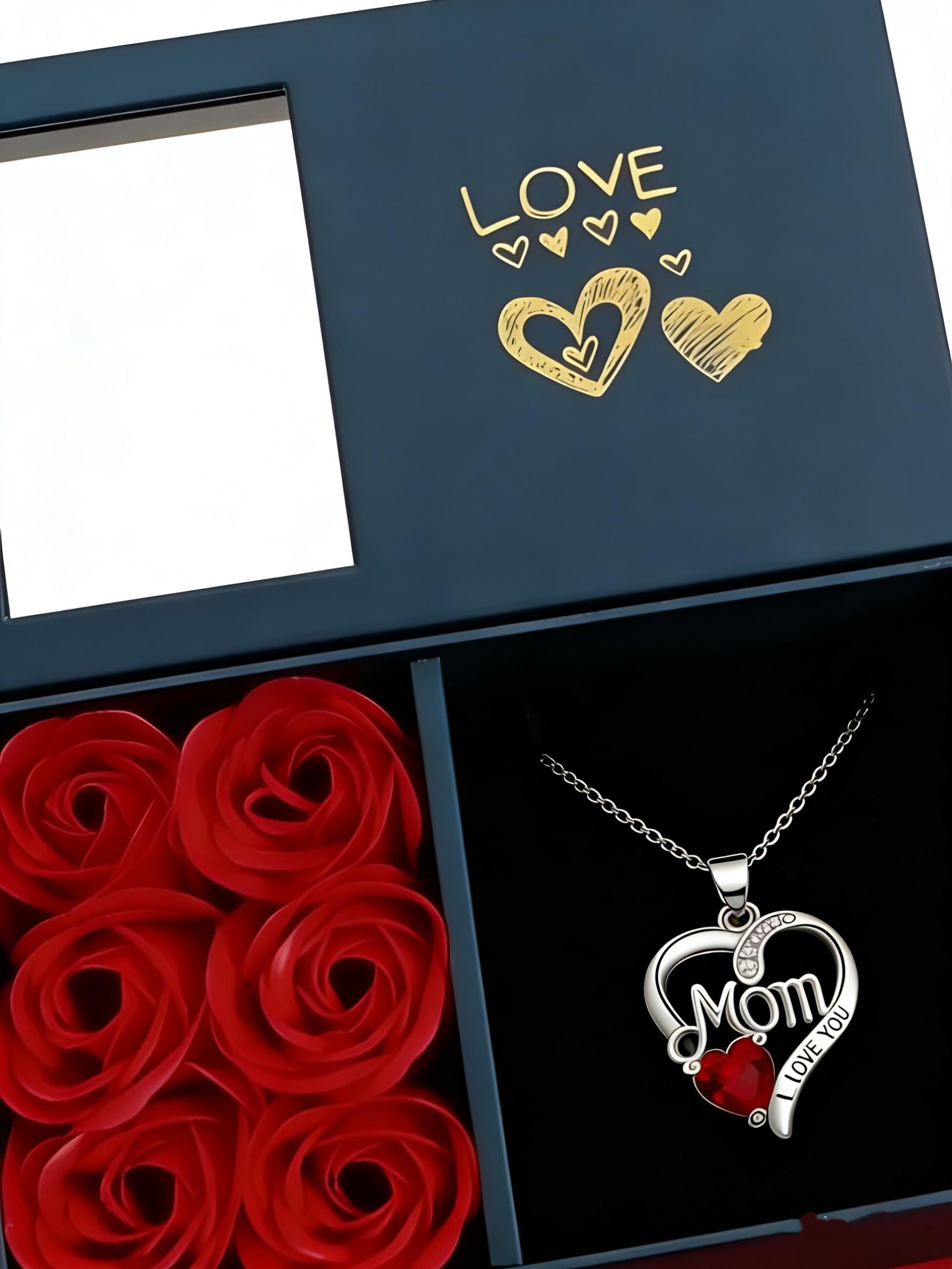 Heart Engraved Diamond Pendant Necklace, Eternal Rose Flower Gift Box, Mother's Day Present, Love Mom Jewelry, Elegant Design