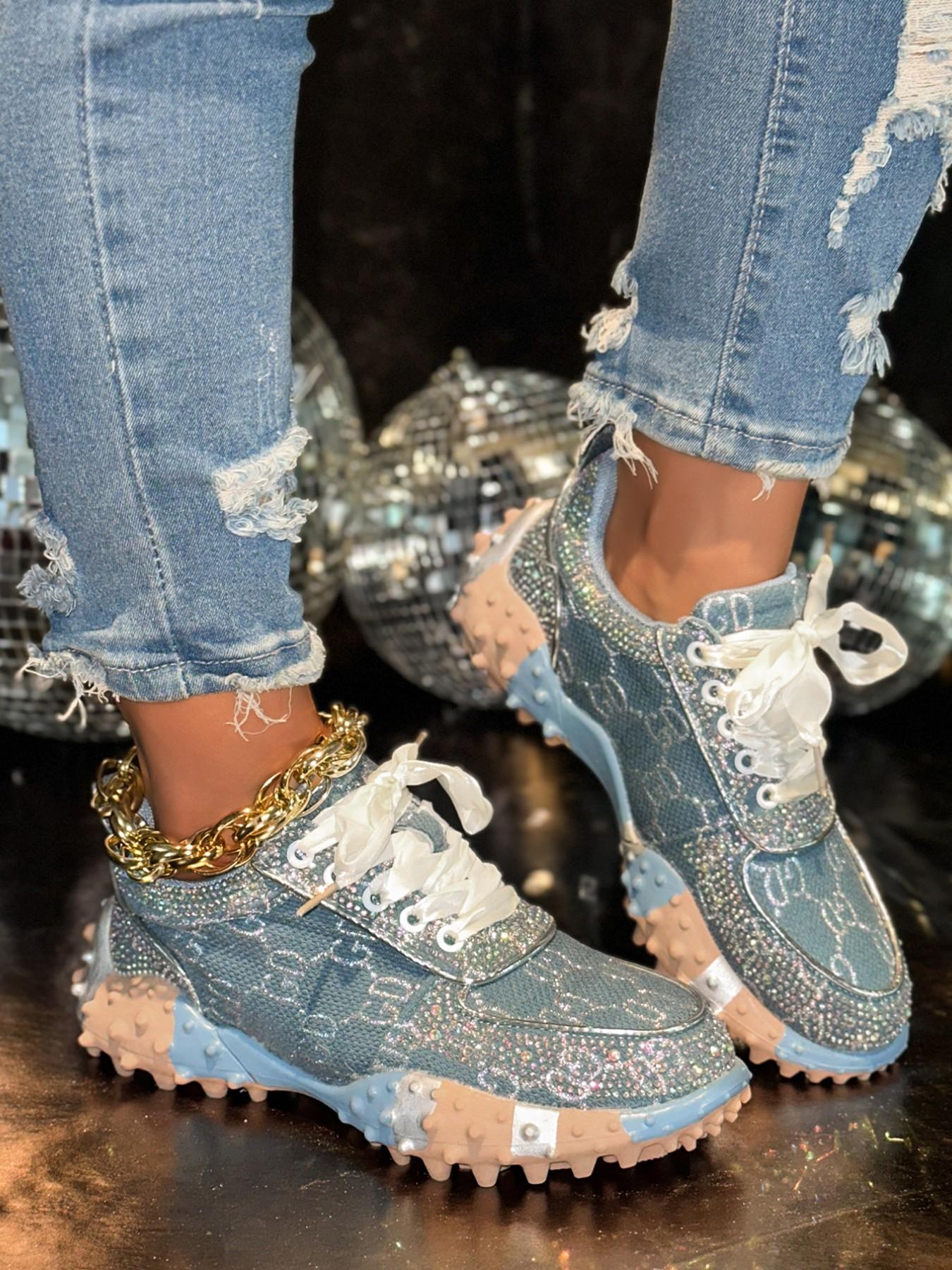 2026 Spring Denim Embellished Dad Shoes for Women, Thick Sole Height-Boosting Casual Sports Shoes, Comfortable and Stylish Footwear