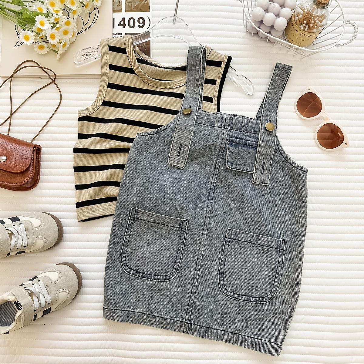 Girls' 2026 Summer New Korean Style Casual Polyester Mix Thin Stripe Print 2-Piece Set - Versatile Striped Vest, Denim Front Pinafore Dress