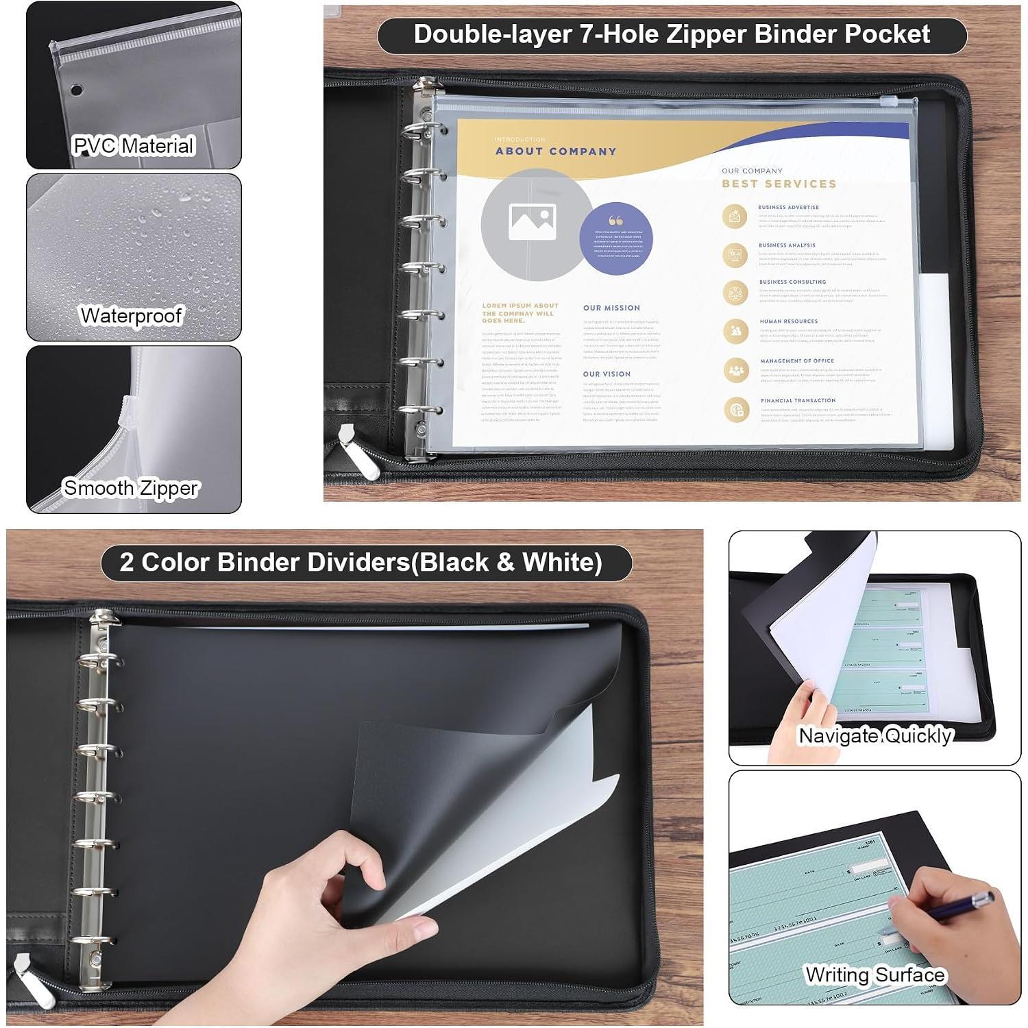 Zippered 7 Ring Business Checkbook Binder Portfolio for 3--a-Page Business Checks, 600 Checks Capacity, PU Leather Check Book Binder Cover with Zipper Pouch & Dividers for 9x13 Sheets, Black