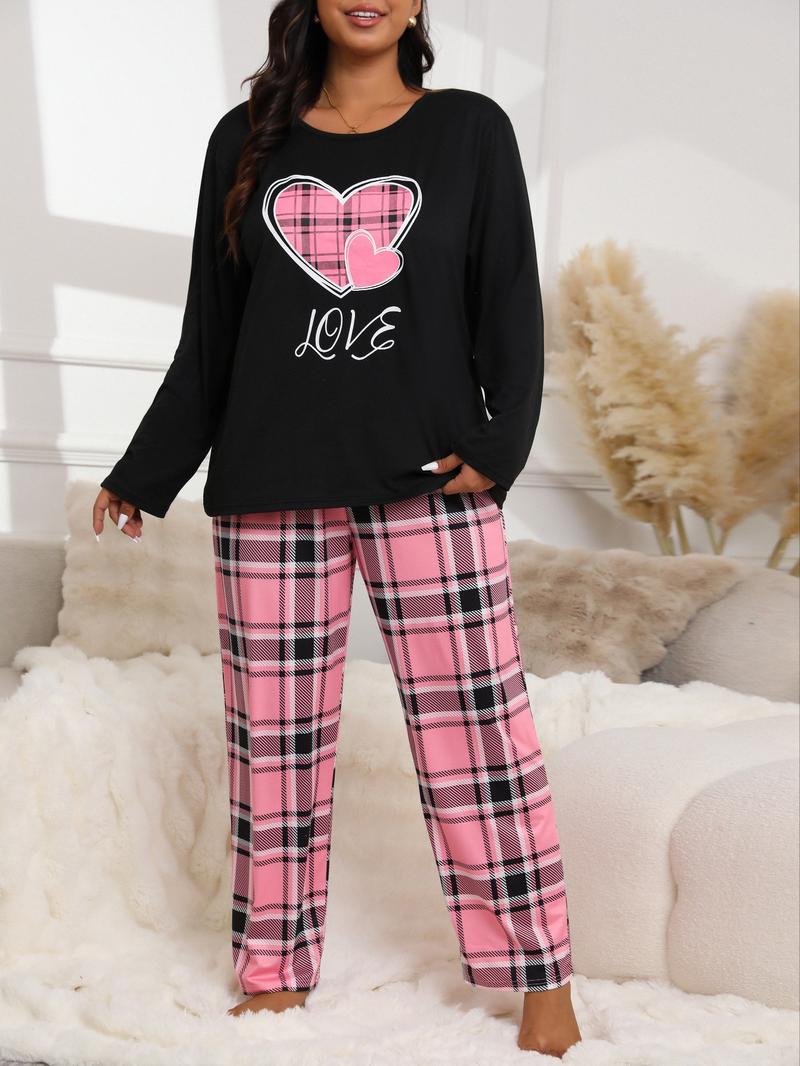 【Plus Size】 Two-piece Set Long Sleeve Heart Print Tee & Plaid Print Bow Decor Pants Pyjama, Casual Comfy Round Neck Top & Trousers Pj Set, Women's Sleepwear for Spring & Fall Pajamas
