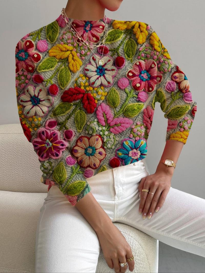 Women's Floral Knit Sweater Knitwear, Stand Collar Colorblock Embroidery Print, Casual Elegant Commuter Wear, Spring Fall Winter Fashion