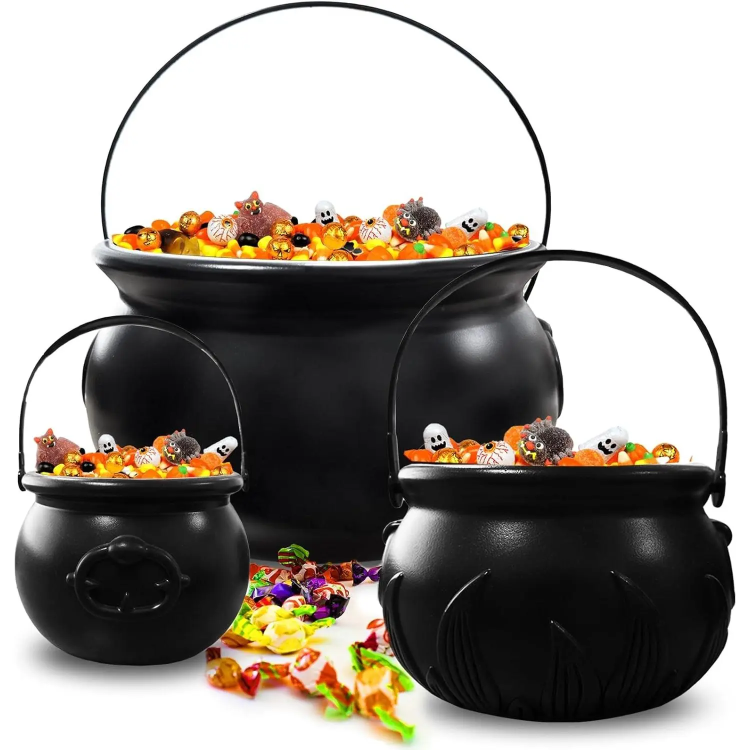 3 in 1 (12.6",9.8",7.6") Halloween Large Black Witch Cauldron Kettle,Plastic Candy Bucket Holder Cauldron Pot Bowl,Party Favor Decoration for St. Patrick's Day and Halloween