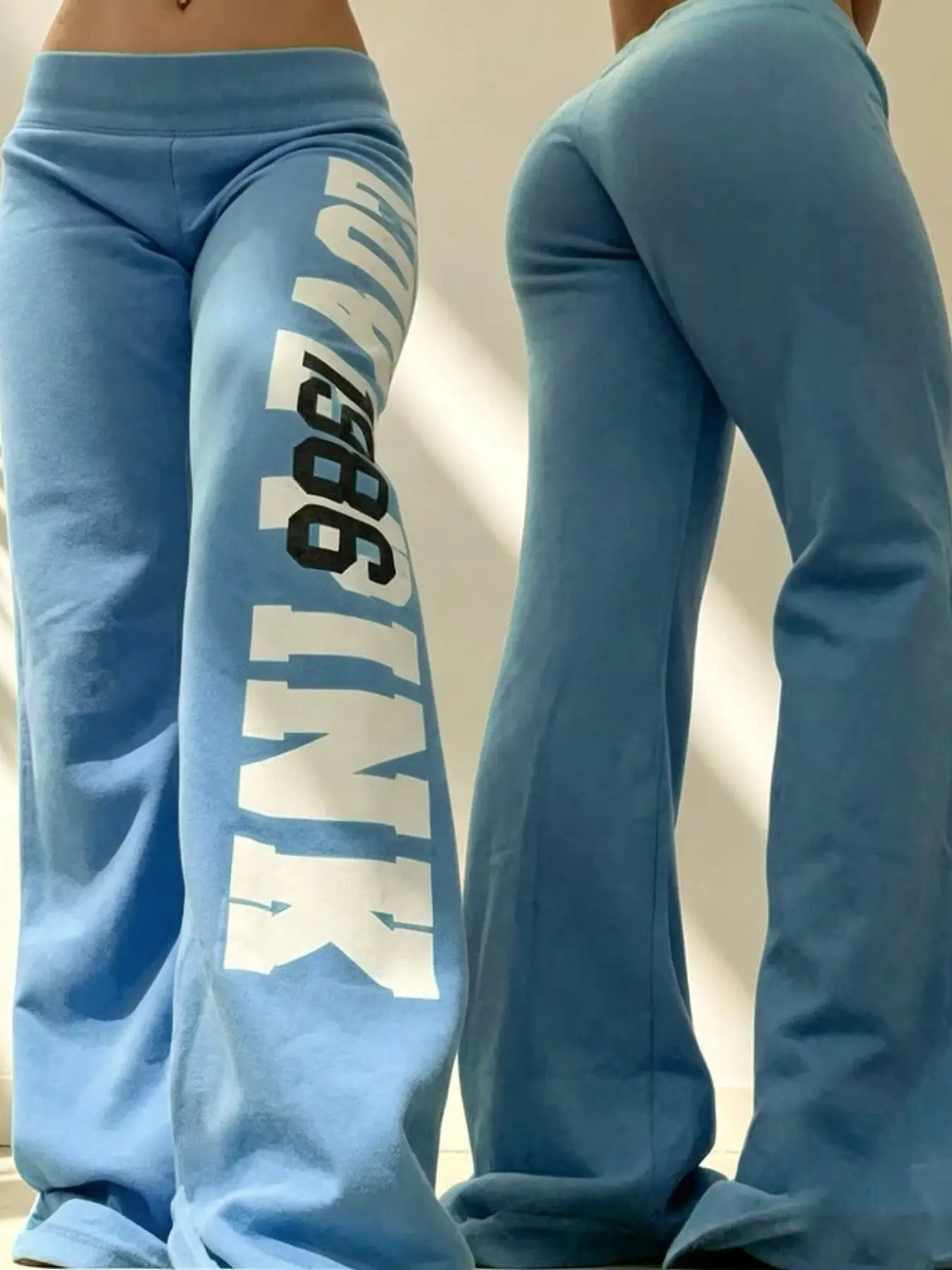 Y2K Letter Print Flare Sweatpants For Women, Low Rise Wide Leg Bootcut Trousers, Soft Stretchy Lightweight Casual Fabric, Elastic Waistband, Retro Vintage Streetwear Pants, Trendy Bottoms For Club Party Daily Going‑Out Lounge Casual Stylish Look