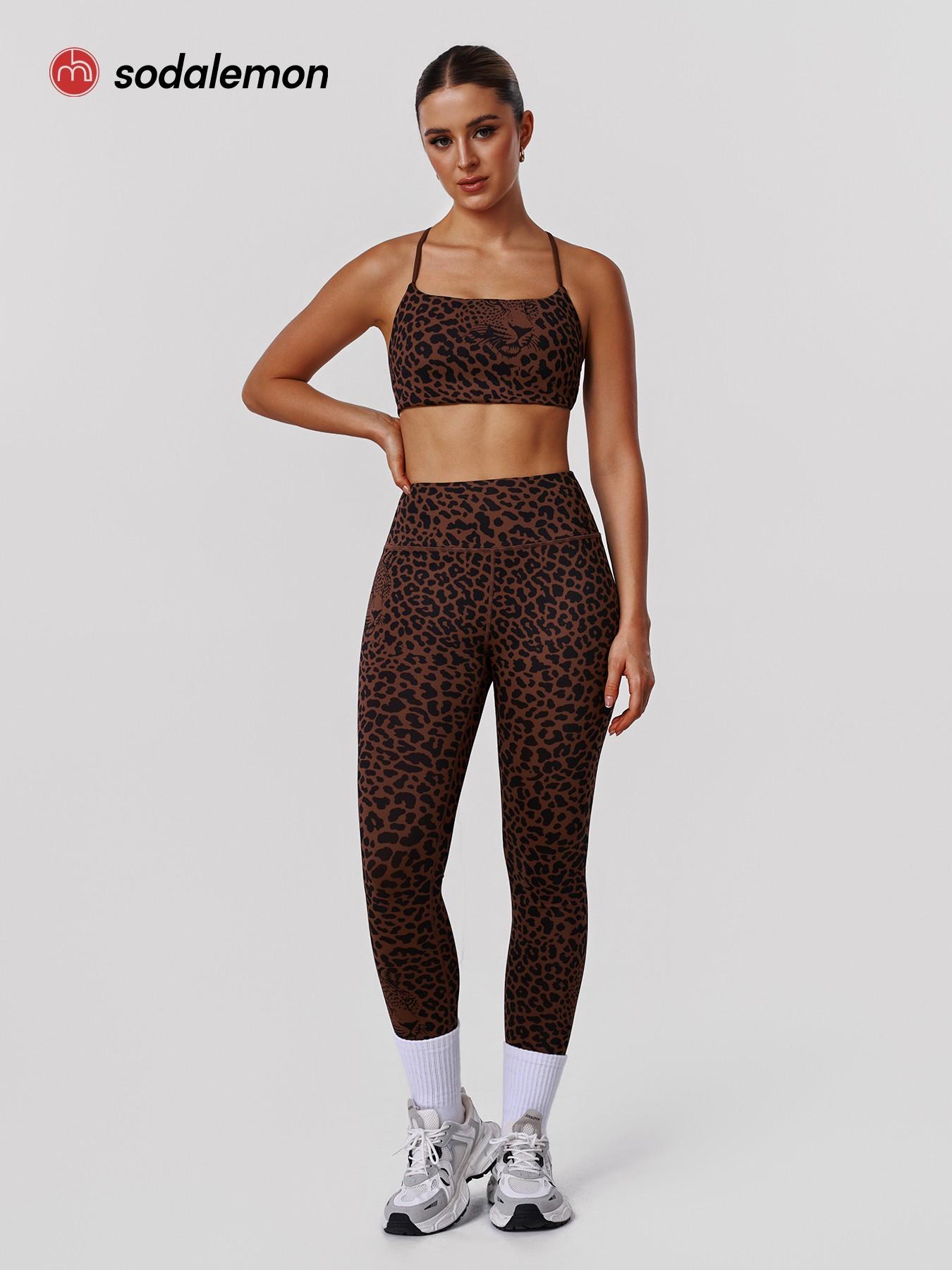 Women's Leopard Print Elastic Workout Set, Backless Sports Bra and Pants, Stylish Fitness Set for All Seasons, Backless Gym Clothes