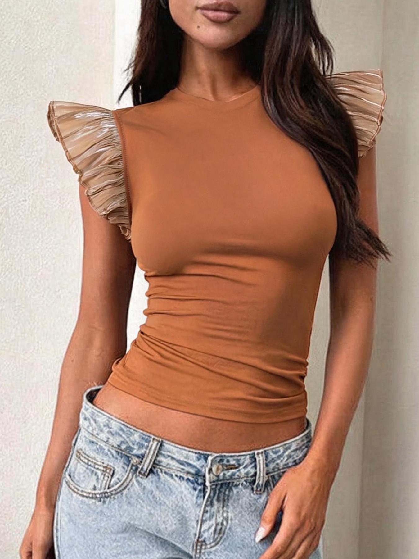 Women's Plain Ruffle Hem Round Neck Tee, Casual Short Sleeve T-shirt for Daily Wear Everyday, Ladies Clothes for All Seasons, Top