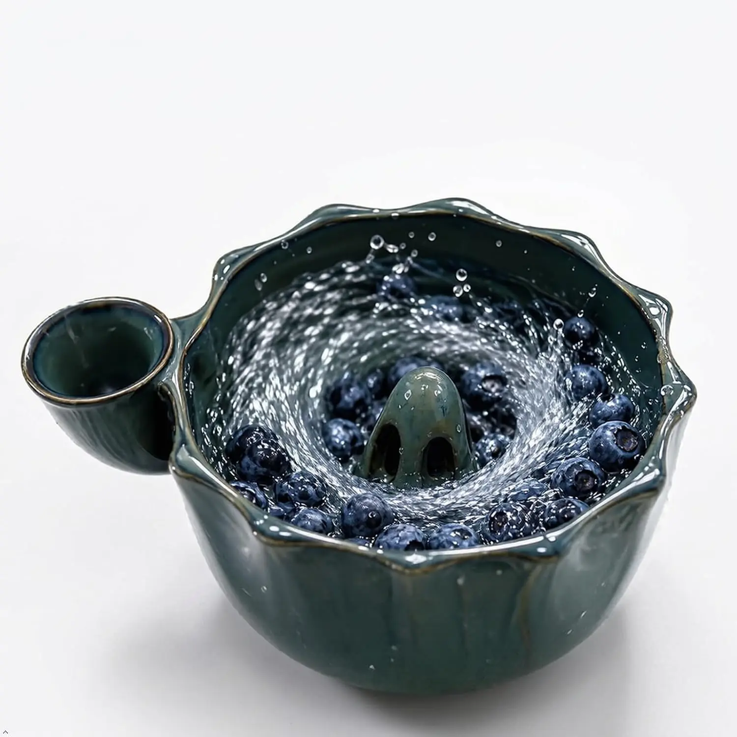 Self Spinning Ceramic Berry Bowl, Vortex Swirl Fruit Washer Bowl with Drain Holes, Handmade Lotus Leaf Colander & Produce Rinser Strainer for Berries, Grapes, Cherry Tomatoes