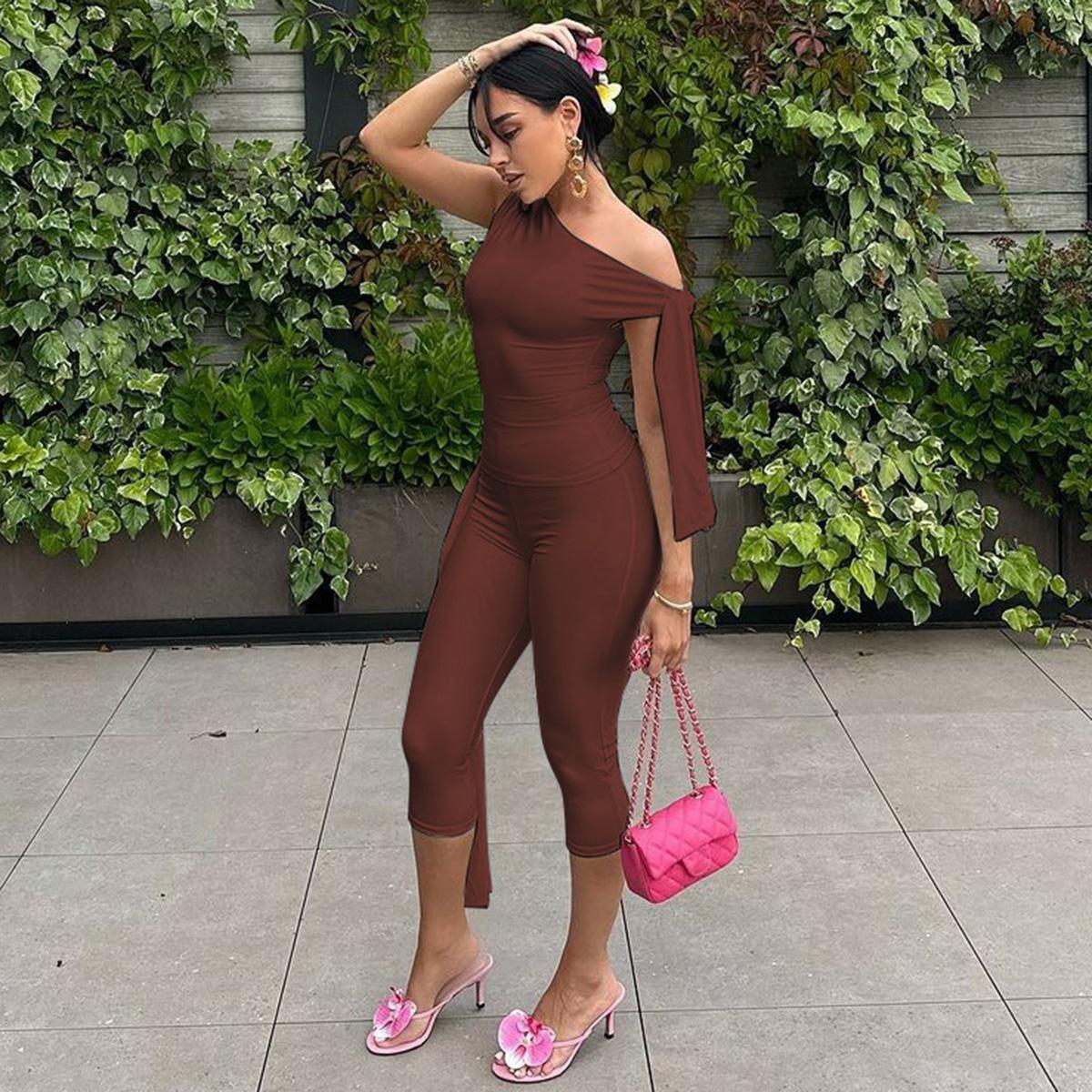 Solid Slanted Neck Lacing Design Sleeveless Top & High Waist Cropped Pants Two-Piece Set Women 2025 Summer New Casual Sexy with Ribbon Elegant Party Club Clothing Outfits