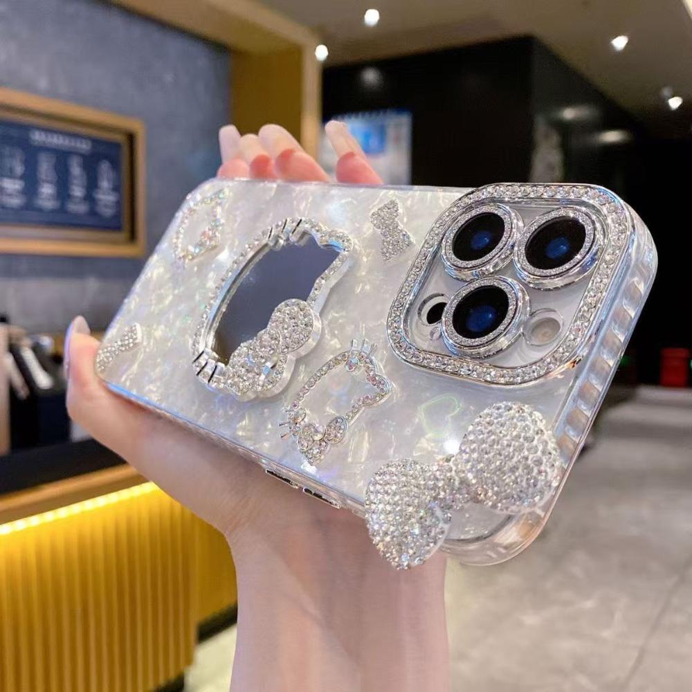 Trendy Cute Shell Pattern Sparkling Cat Mirror Phone Case For iPhone 17 16 15 14 13 12 Pro Max Plus Fashion Protective Cover
