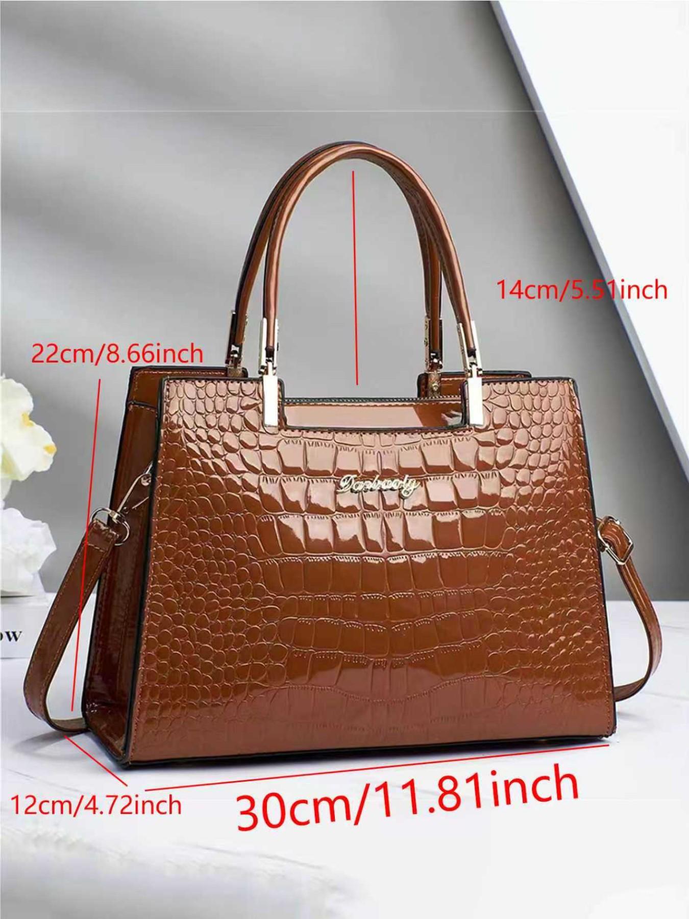 Women's PU Crocodile Embossed Square Handbag As Gift, Fashion Letter Label Classic Tote Bag for Work & Office, Elegant Matching Crossbody Bag As Gift for Wife