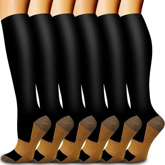 Men's High-Quality 6-Pair Nylon Blend 15% Polyester Knee-High Compression Tube Socks - Closed-Toe, All Seasons, Snug Fit, Anti-Slip Grip, Lightweight Moisture-Wicking, Blood Flow Support Sports Stockings for Adults, Running, Hiking
