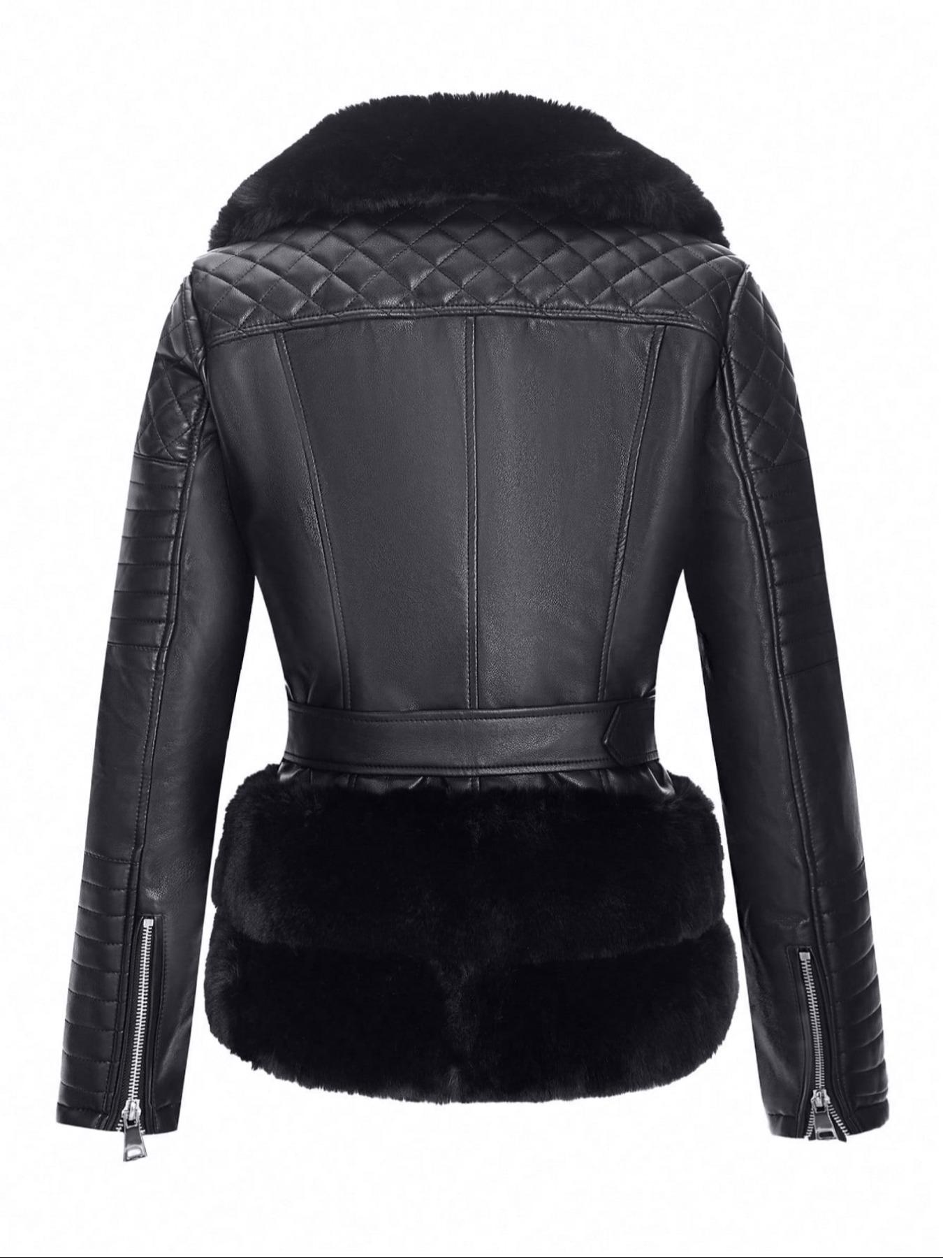 Women's Fall Winter PU Jacket, Vintage Style Fitted Long Sleeve Coat, Warm Daily Wear with Adjustable Waist Belt, Casual Plain Design