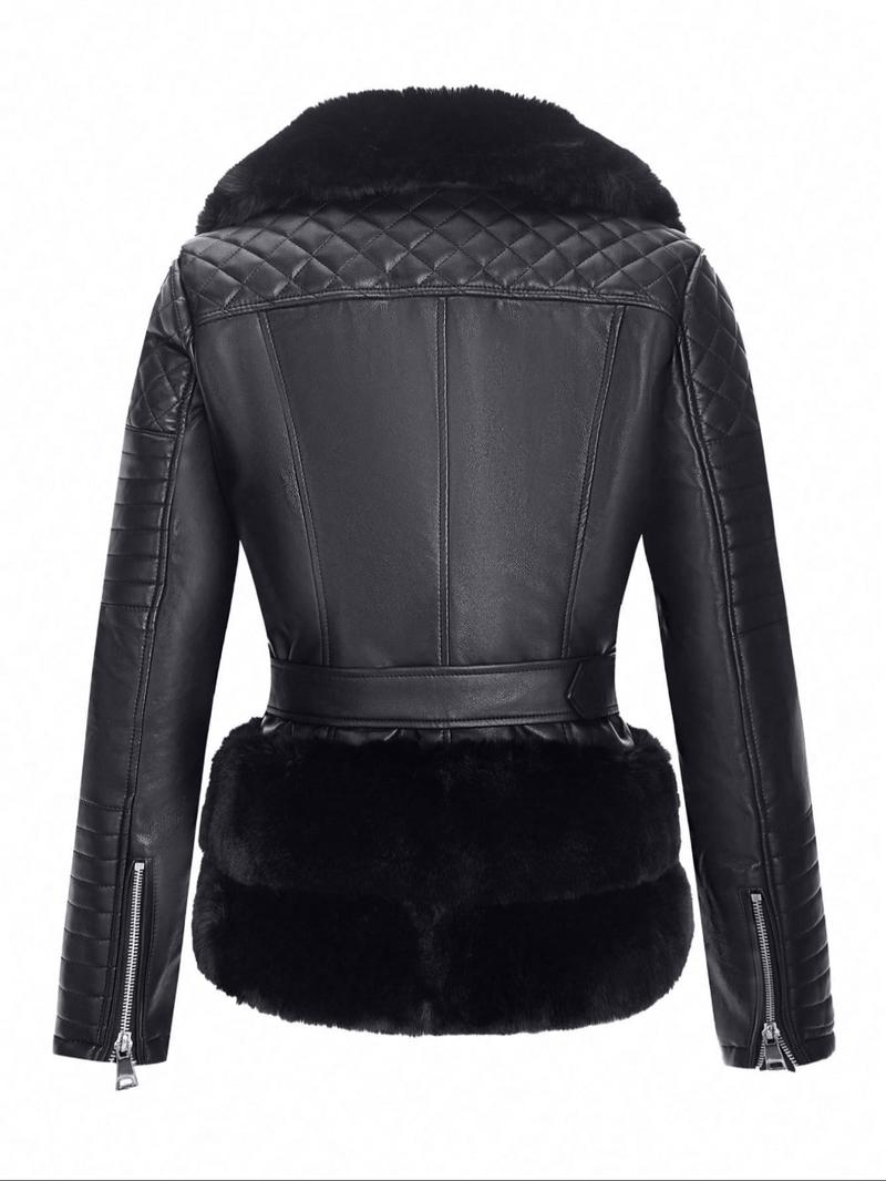 Women's Fall Winter PU Jacket, Vintage Style Fitted Long Sleeve Coat, Warm Daily Wear with Adjustable Waist Belt, Casual Plain Design