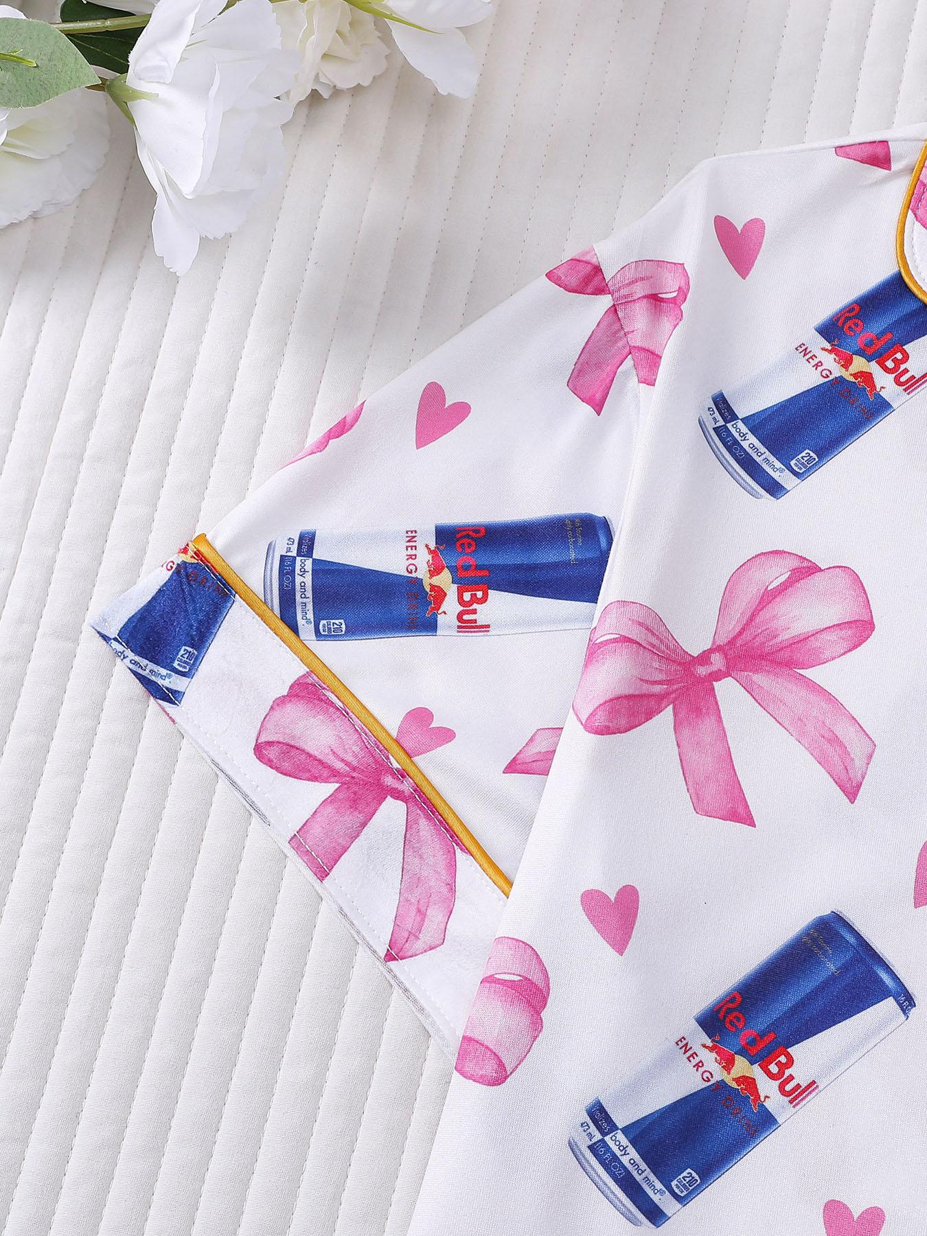 2-piece women's full body pink bow love drink bottle short sleeved shorts soft and comfortable skin friendly smooth top small pocket button closure elastic waistband suitable for all seasons home casual wear pajamas