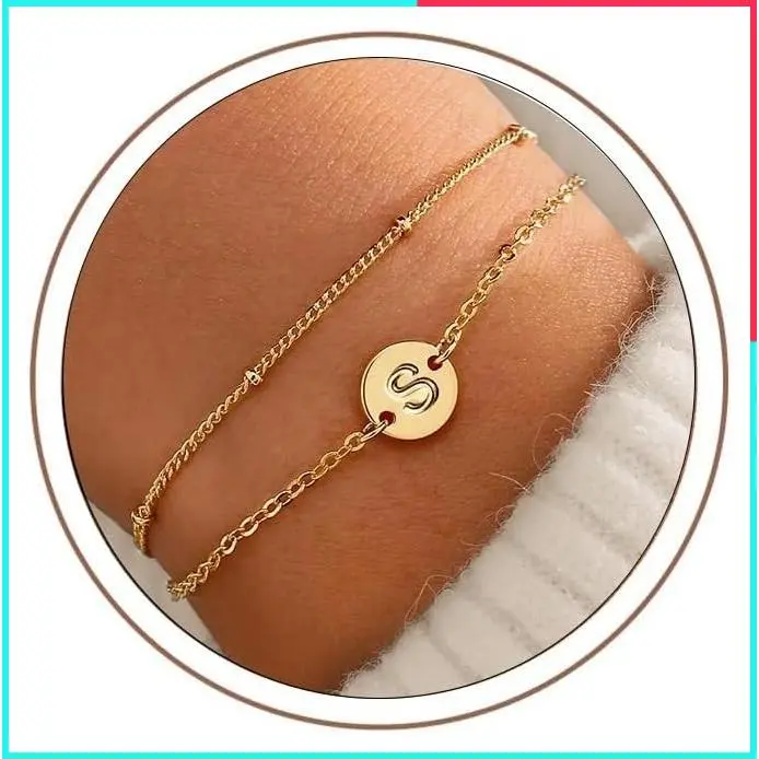 Dainty 18K Gold Plated Initial Bracelet for Women Girls Teens - Personalized A-Z Disc Monogram Letter Bracelet Birthday Jewelry Gift