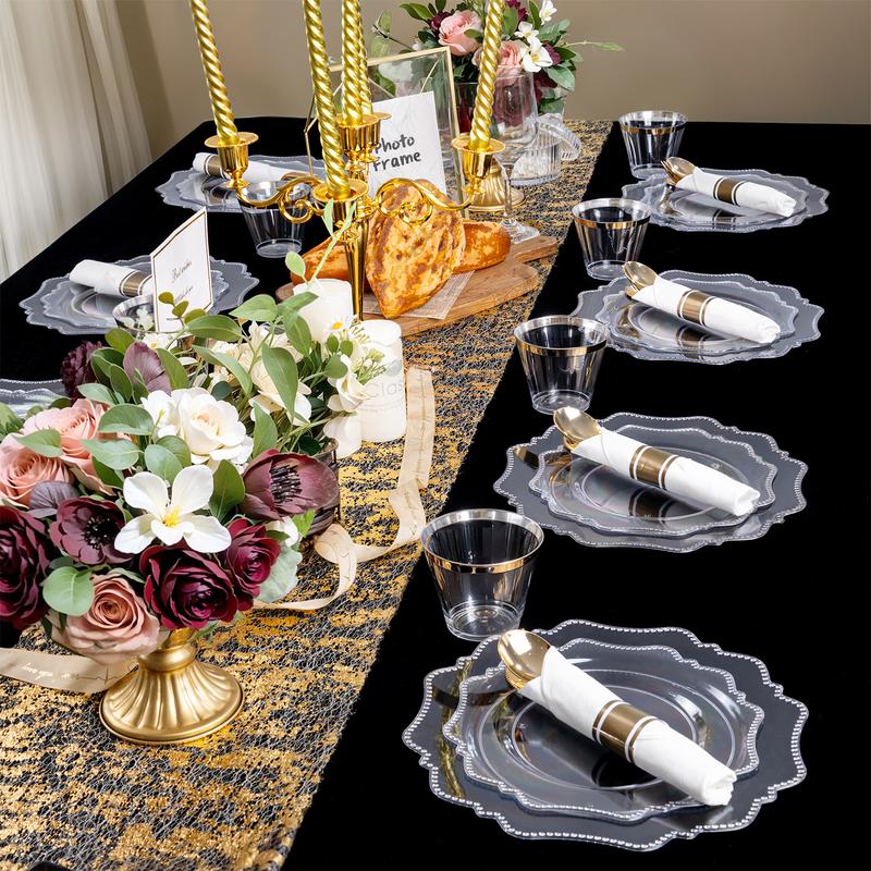 Silver/Gold/Clear/White/Blue Disposable Plates and Silverware Set: Dinner Plates,Dessert Plates, Cups,Napkins,Knife, forks, spoons-Perfect for Party Silver/Gold/Clear/White/Blue Disposable Plates and Silverware Set: Dinner Plates,Dessert Plates, Cups,Napkins,Knife, forks, spoons-Perfect for Party