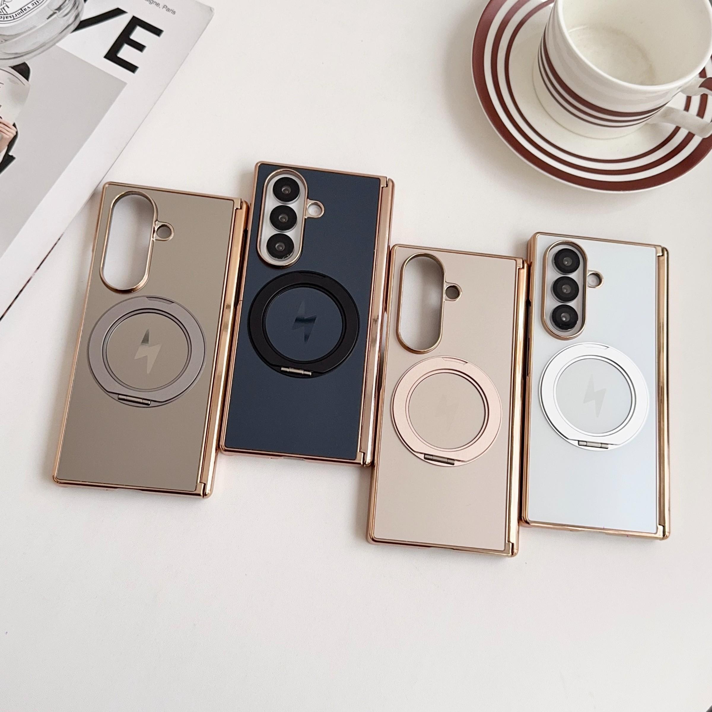 High-End Ag Frosted Electroplated Dual Axis Phone Case for Samsung Galaxy Z Fold7/6/5/4, 360° Rotating Stand, Wireless Charging Support