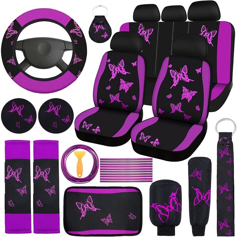 4 Butterfly-Themed Car Seat Cover & Interior Accessory Combo: Lightweight and Breathable Seat Covers for 5-Seater Vehicles, Butterfly-Print Steering Wheel Cover, and Additional Decorative Accents; Compatible with Most Sedan and SUV Models