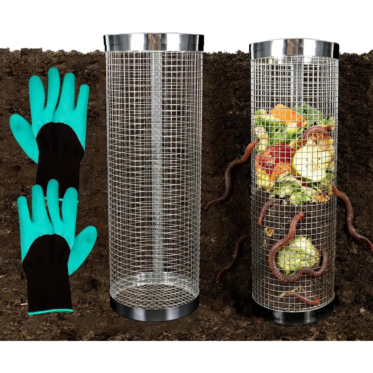 2 Pack Underground Worm Composting Bin with Gardening Gloves - Small Round Metal Stainless Steel Composter for Family Garden, Outdoor Compost Bins (2)