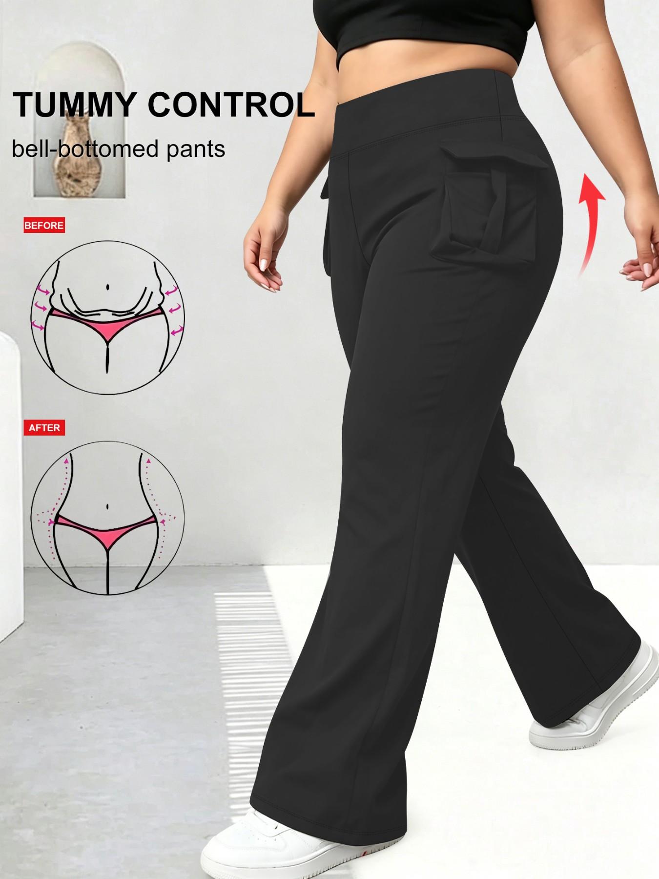 Plus Size High Waist Workwear Pocket Flare Pants, Tummy Control Butt Lift Yoga Pants, Side Pocket Sporty Flare Long Pants, High Elasticity, Active Leggings, Flare Legging