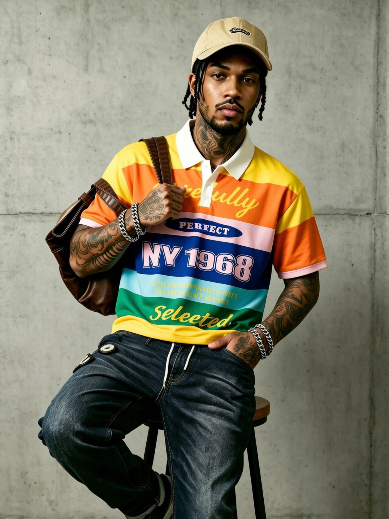 American Vintage College Style Ny1968 Striped All Over Print Polo Shirt, Colorblock Short Sleeve, Loose Fit Unisex Top, Casual Fashion Apparel, Menswear