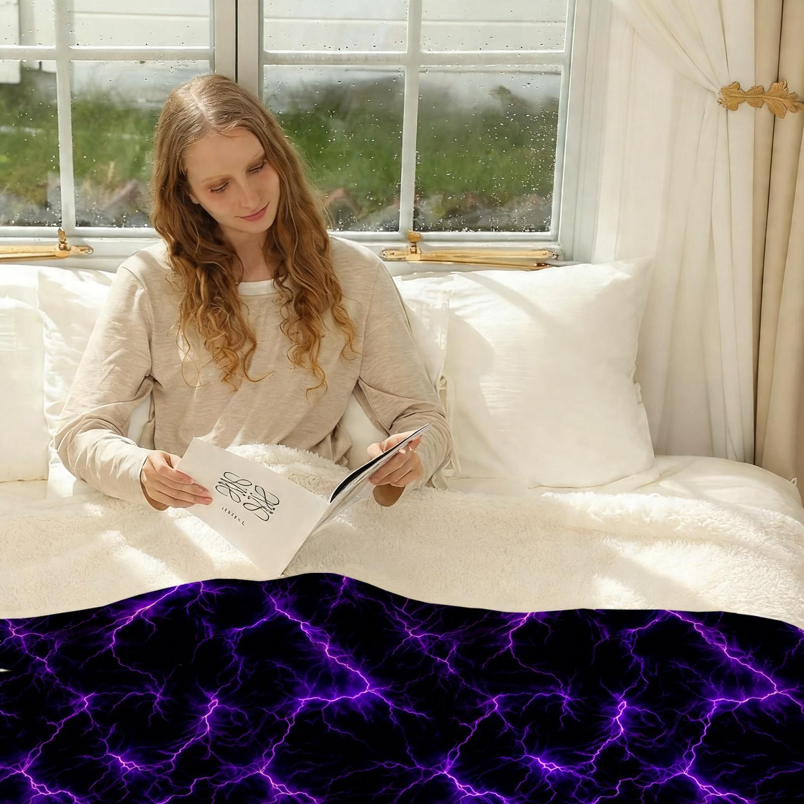 Purple Lightning Flannel Blanket, Single-Side Printed, Cool & Trendy Neon Style, Soft & Skin-Friendly, Multi-Use Throw for Sofa, Bed, Camping & Travel, All-Season, Perfect Gift Option