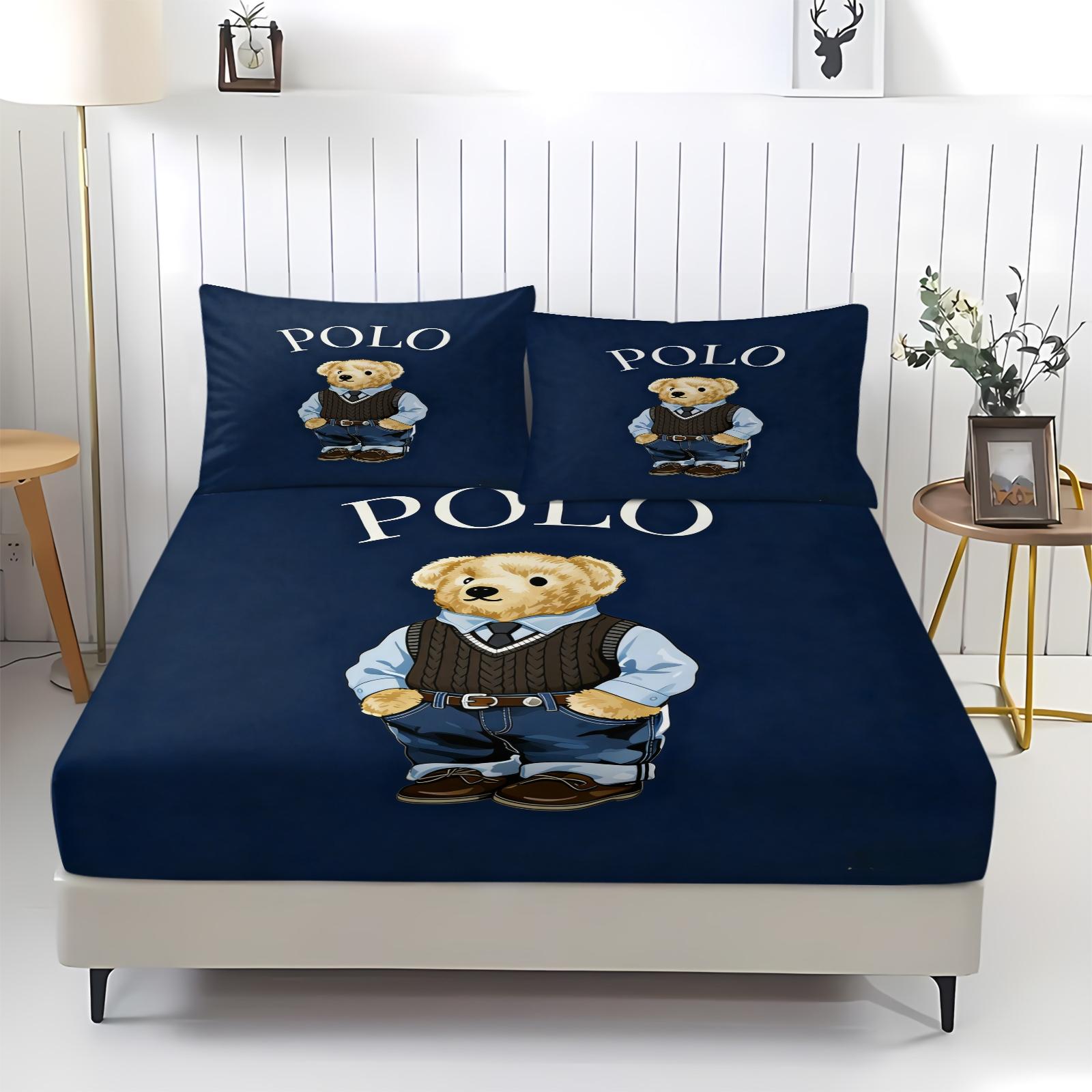 Teddy Bear Pattern Bed Sheet, Comfortable Printed Pattern, Includes 1 Bed Sheet and 2 Pillowcases, Comfortable Bedding, Non slip Dust Cover Suitable for Bedroom and Guest Room, Suitable as a Gift for Children or Adults