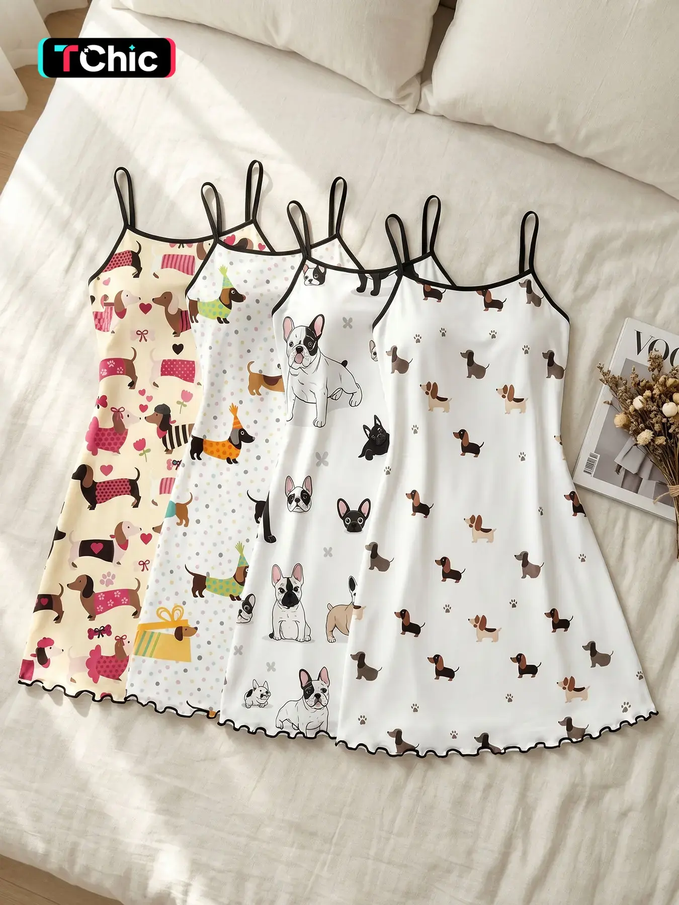 Women's 4 Pack Sleeveless Spaghetti Strap Slip Nightgowns, Spring Summer Wear, Playful Chic Dachshund Print Ruffle Hem, Lively Vibrant Style, Fun Casual Sleep Dress for Women