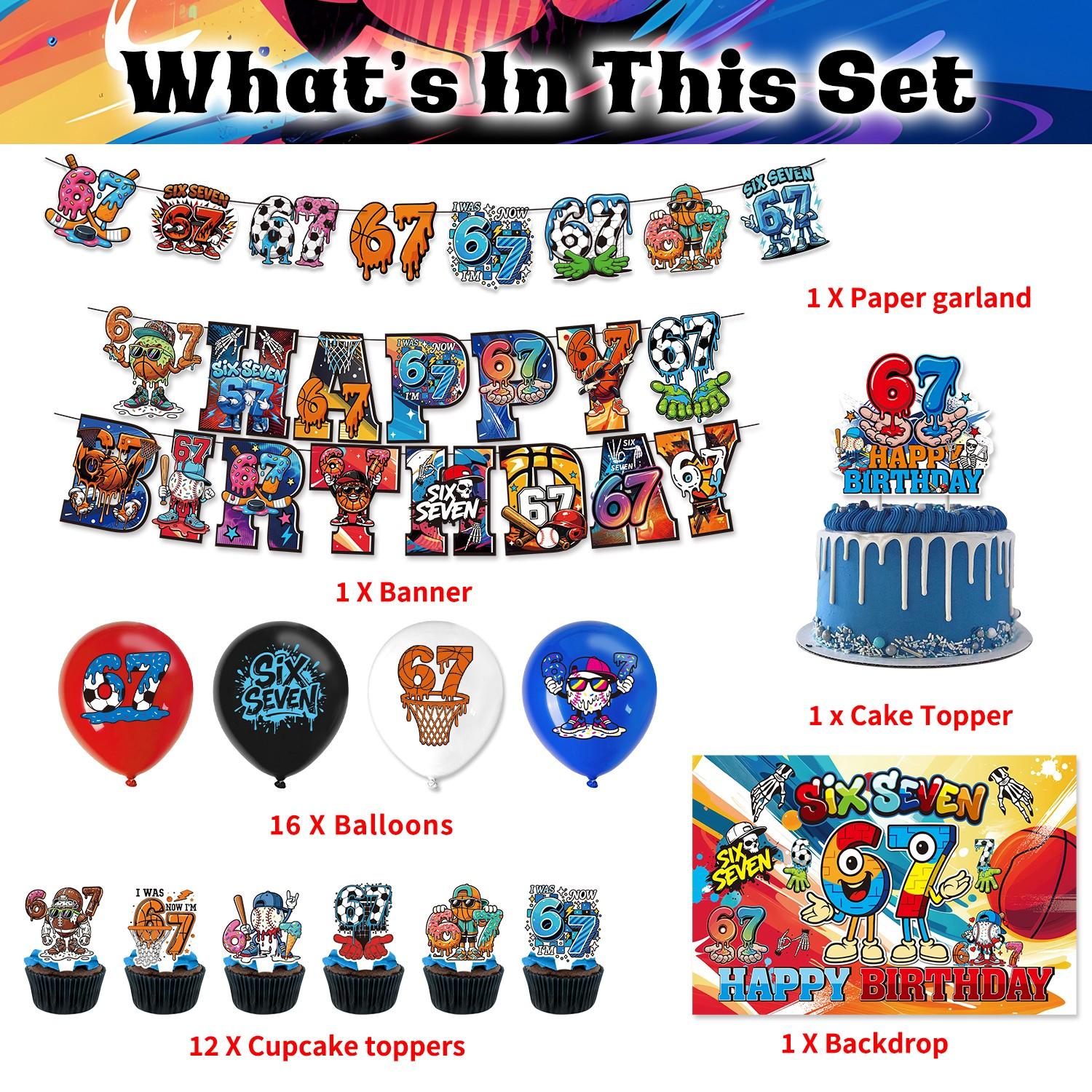 32-Pieces 67 Sports Theme Birthday Party Decoration Set, Party Event Props, Includes Banner, Balloons, Cake Topper, Backdrop, Perfect for Birthdays