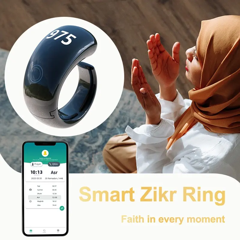Lightweight  Smart Ring,  Counters,Prayer Direction Indicator Guide,5 Azan Alarm Clock,Forgiveness,Electronic Rosary,Eid al-Fitr Eid al-Adha Ramadan Gift for men women-Green Pro with APP