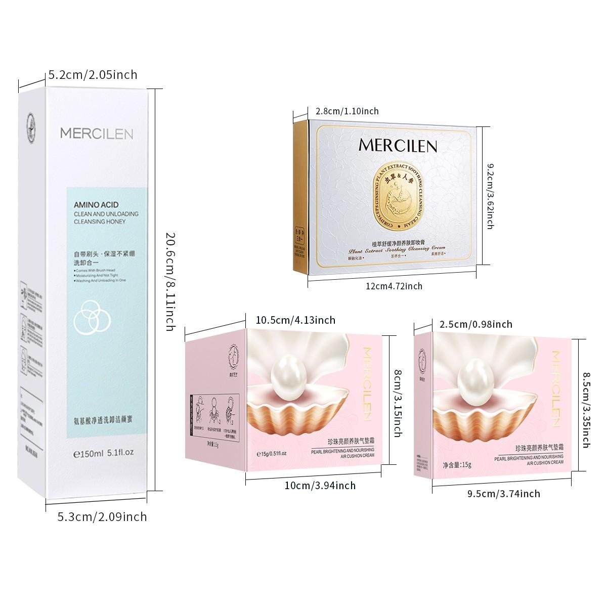 Mercilen Cushion Foundation Makeup Kit Set 4 Boxes, Pearl Skincare CC Cream 15g + Replacement Pad 15g + Makeup Remover 85g + Cleansing Honey 150ML