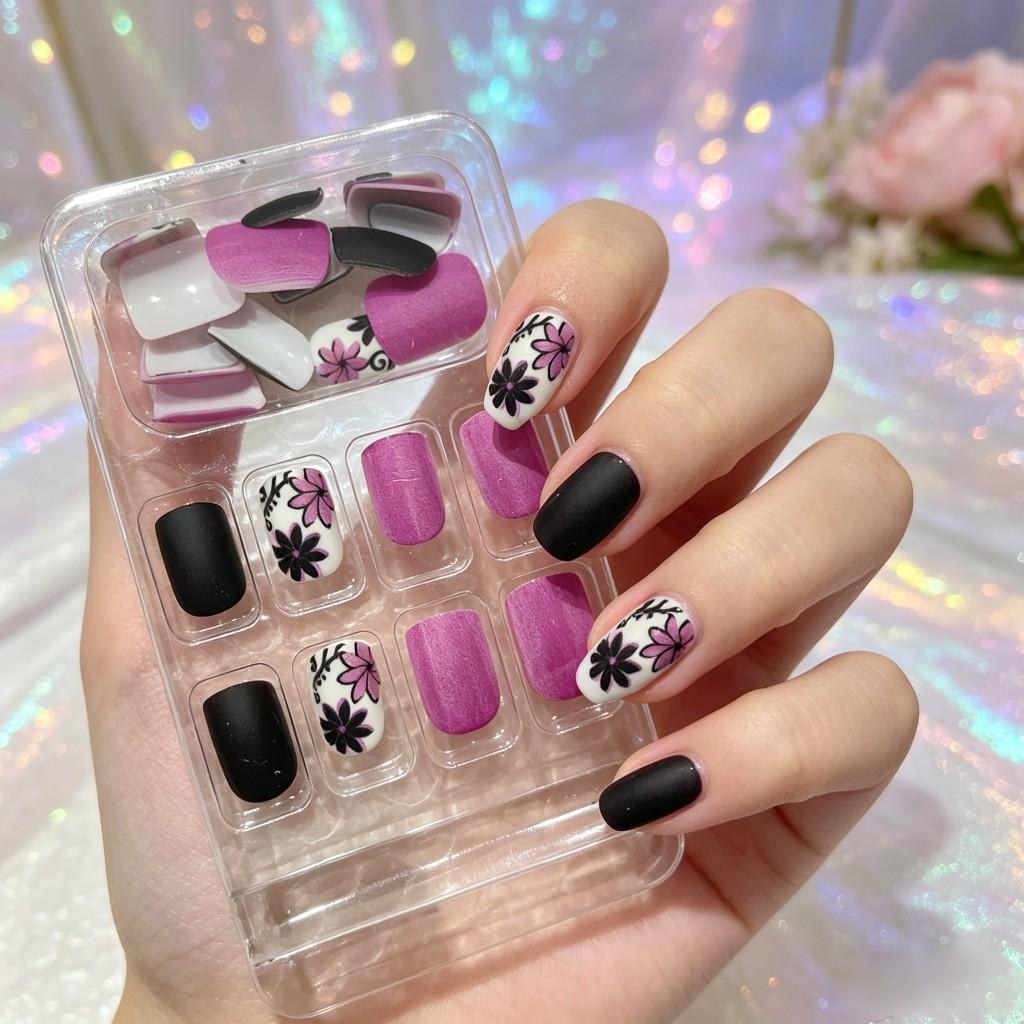 Handmade False Nails, 24-Piece Set, French Floral Design with and, Romantic and Elegant, Perfect for Daily Use and Special Occasions