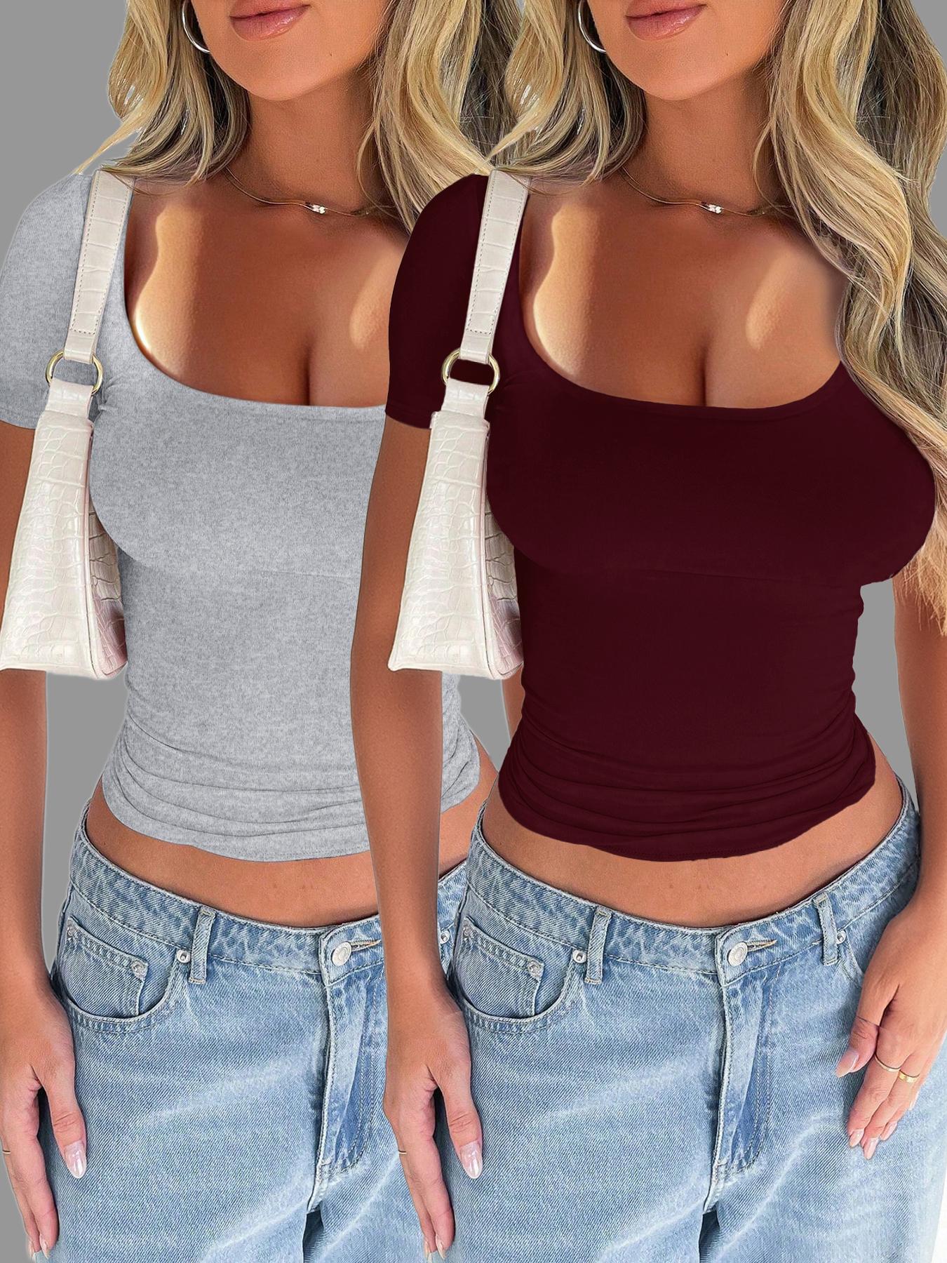 Pure Color Casual Slim Fit U Neck Short Sleeve T-Shirt, Summer Thin Fabric Kint Style Tee for Women, Comfortable Daily Wear