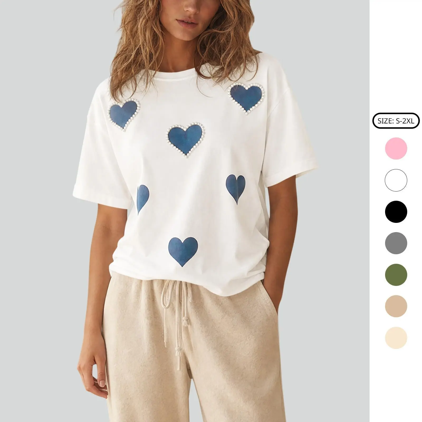 Imily Bela Womens Heart Print T-Shirt Pearl Trim Loose Short Sleeve Crew Neck Casual Cotton Tees Summer Basic Tops