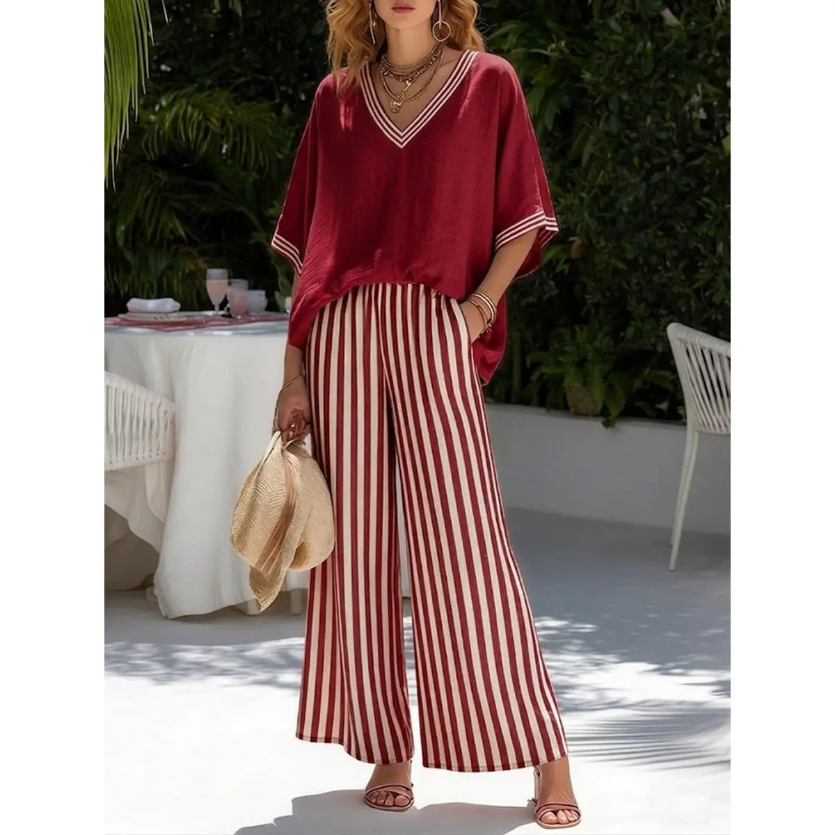 Women’s 2 Piece Outfit Set, Loose V Neck Half Sleeve Top & Striped Wide Leg Pants with Pockets, Contrast Color Casual Matching Set for Spring Summer Autumn, Vacation Travel Resort Lounge Streetwear Fashion, Comfy Weekend Brunch Look, Chic Outfit