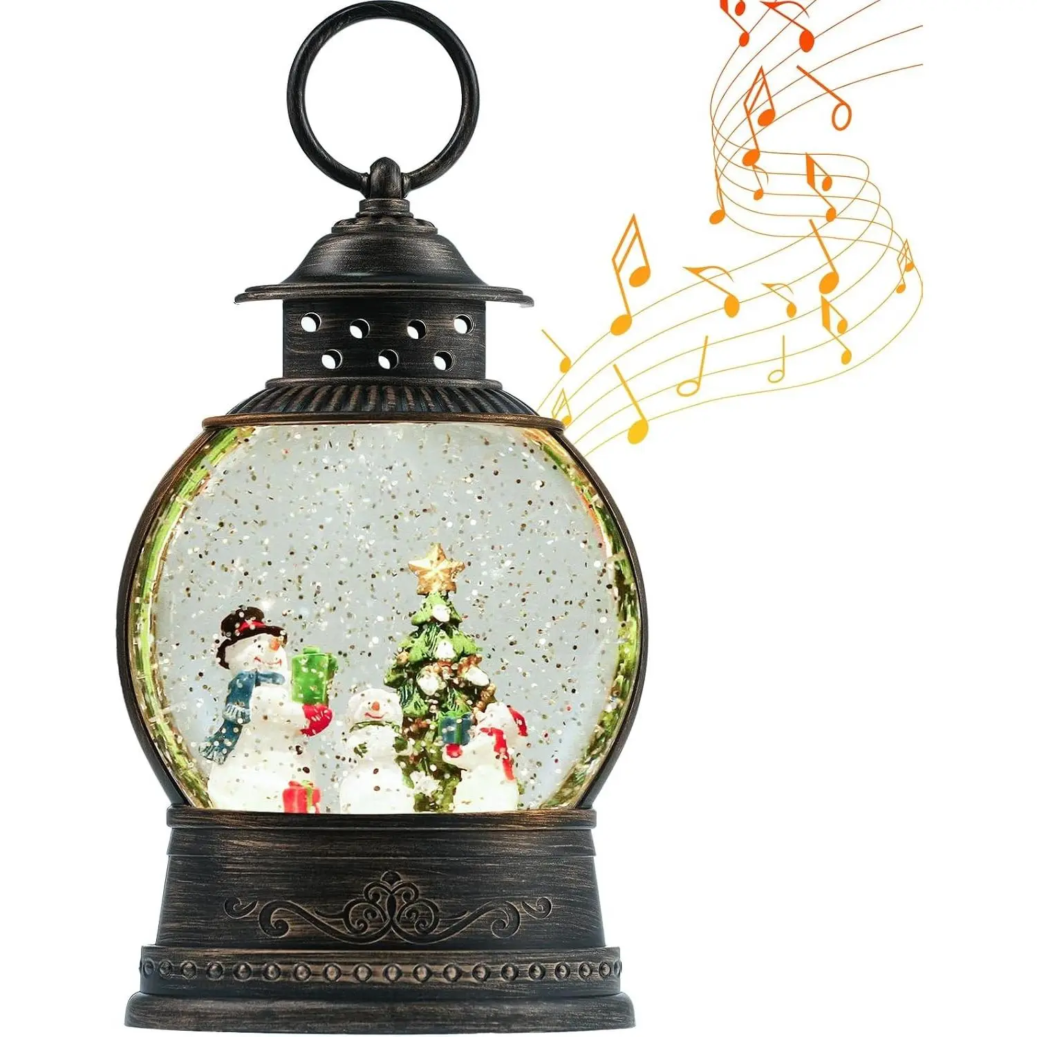 Musical Lighted Christmas Snow Globe Lantern with Snowman Tree 6H Timer Battery & USB Operated Spinning Swirling Glitter for Christmas Decorations